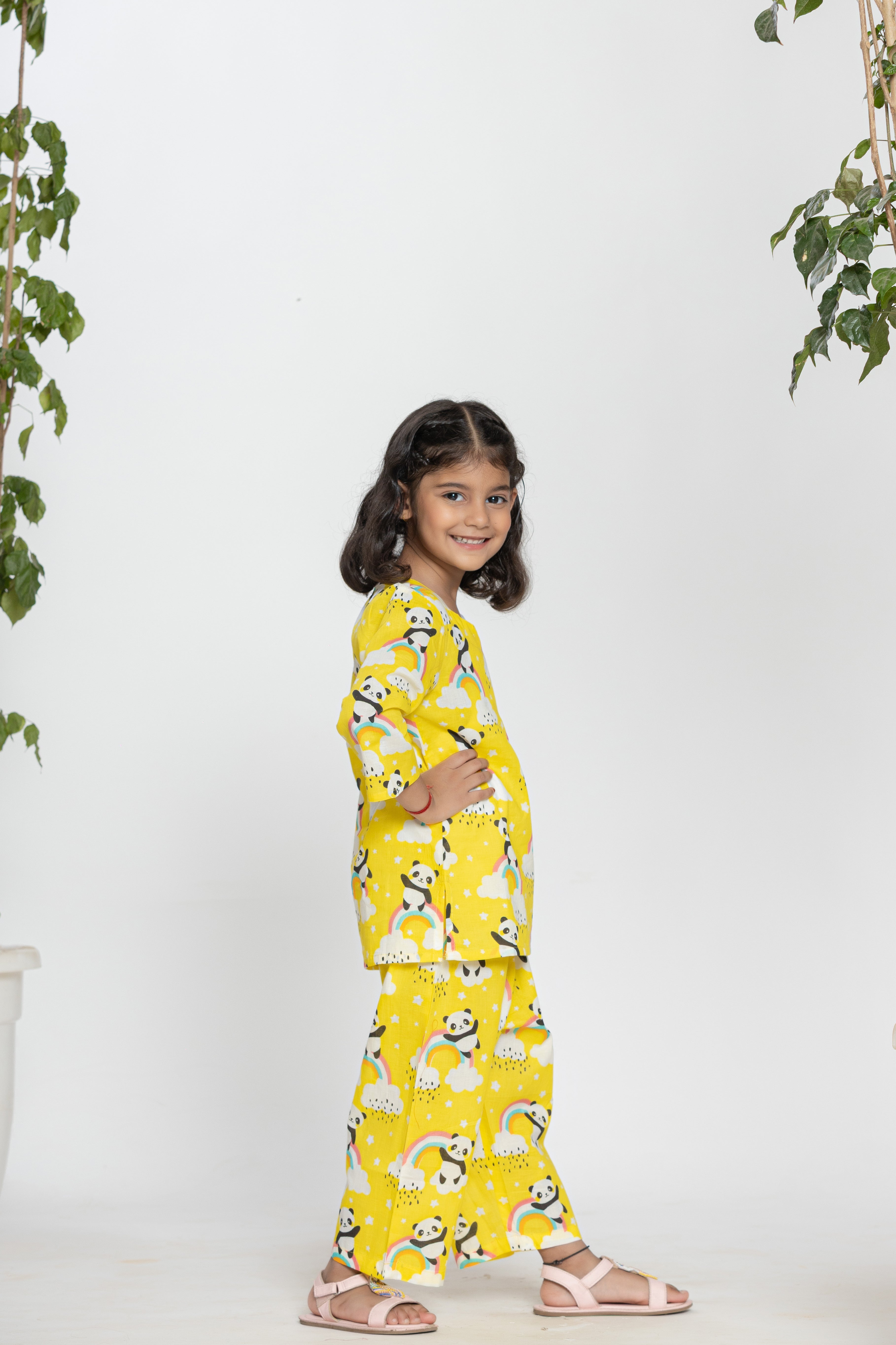 Yellow Shirt With Panda And Rainbow Pattern Kids Night Dress