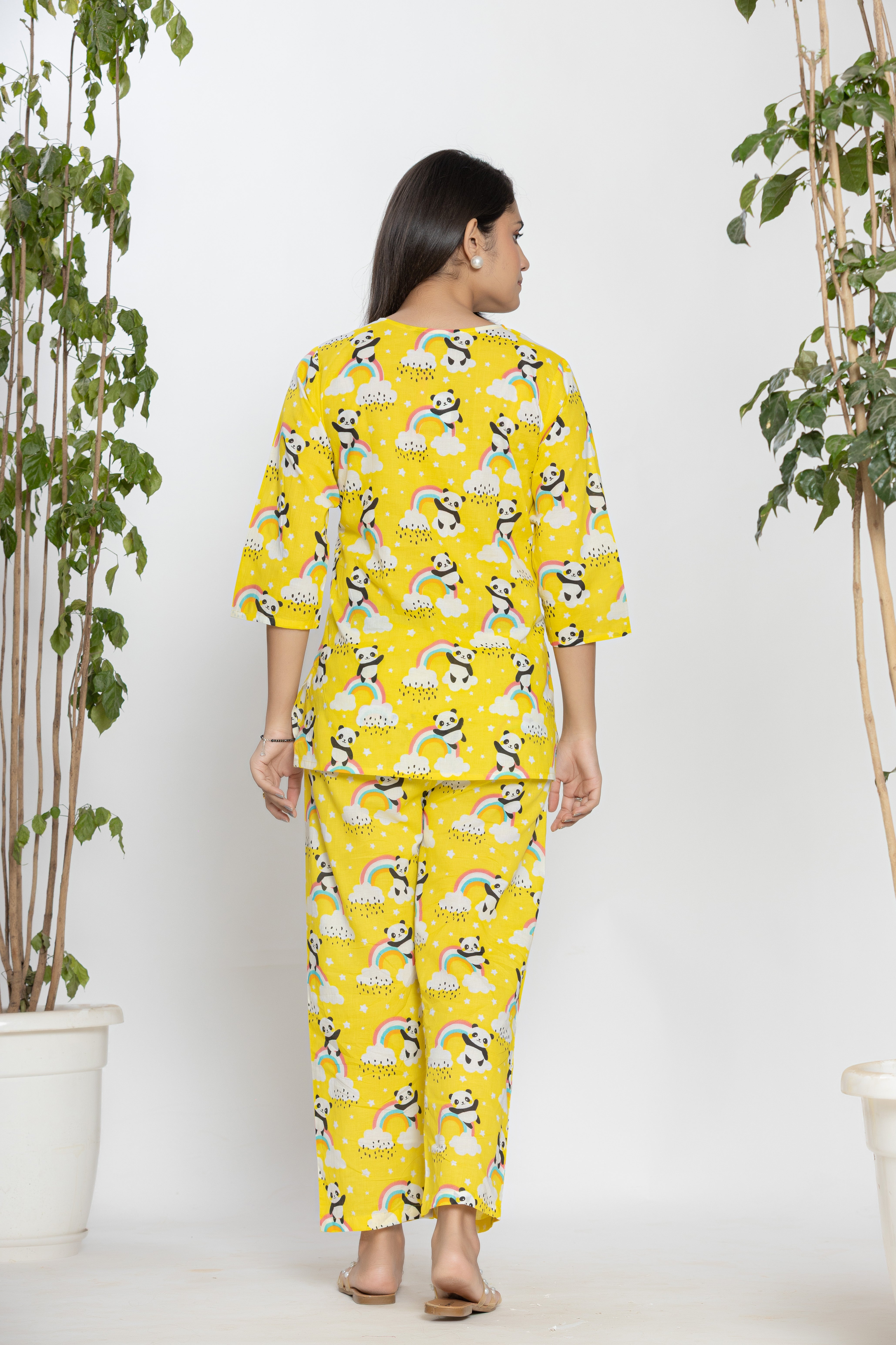 Yellow Shirt With Panda And Rainbow Pattern Night Dress