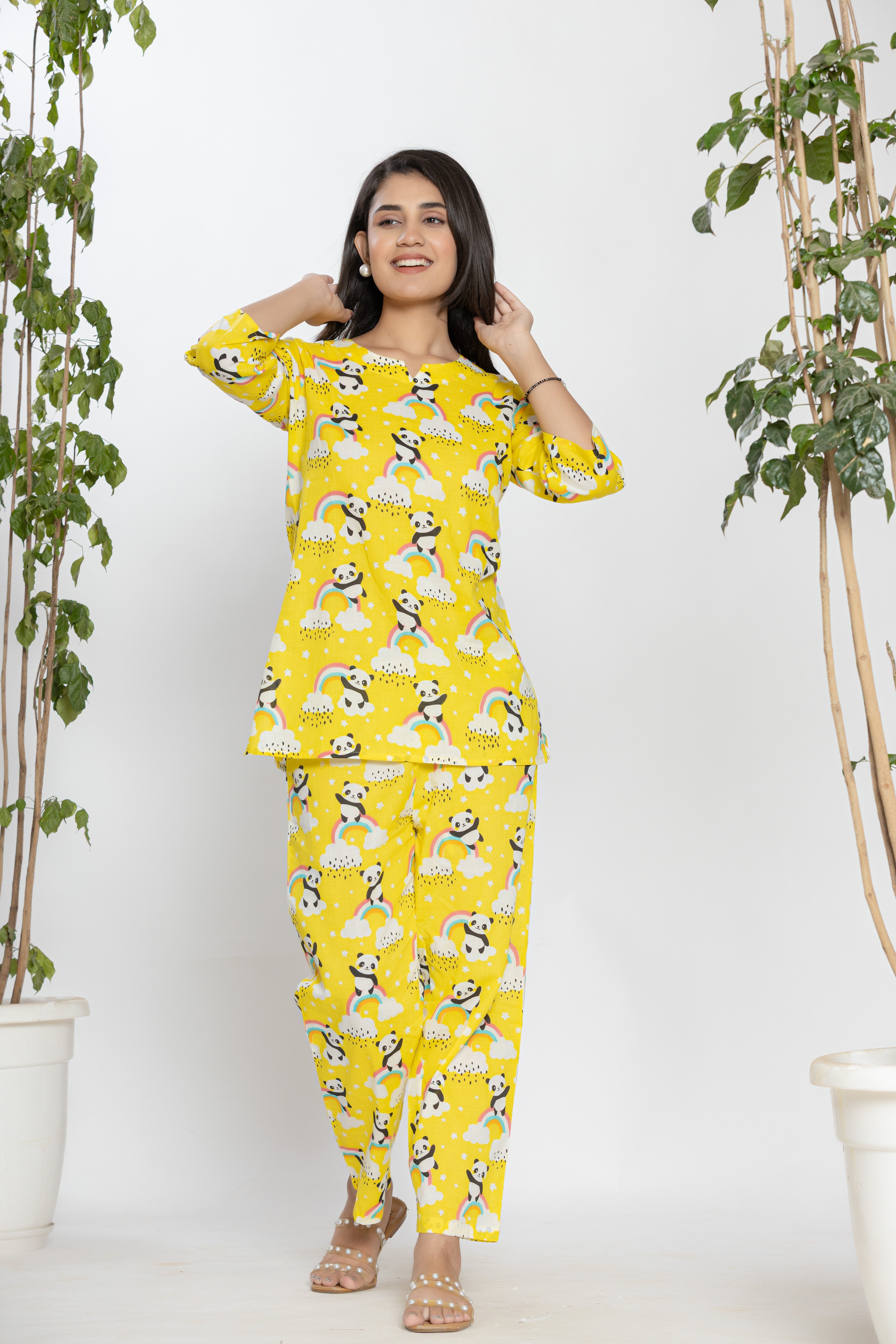 Yellow Shirt With Panda And Rainbow Pattern Night Dress