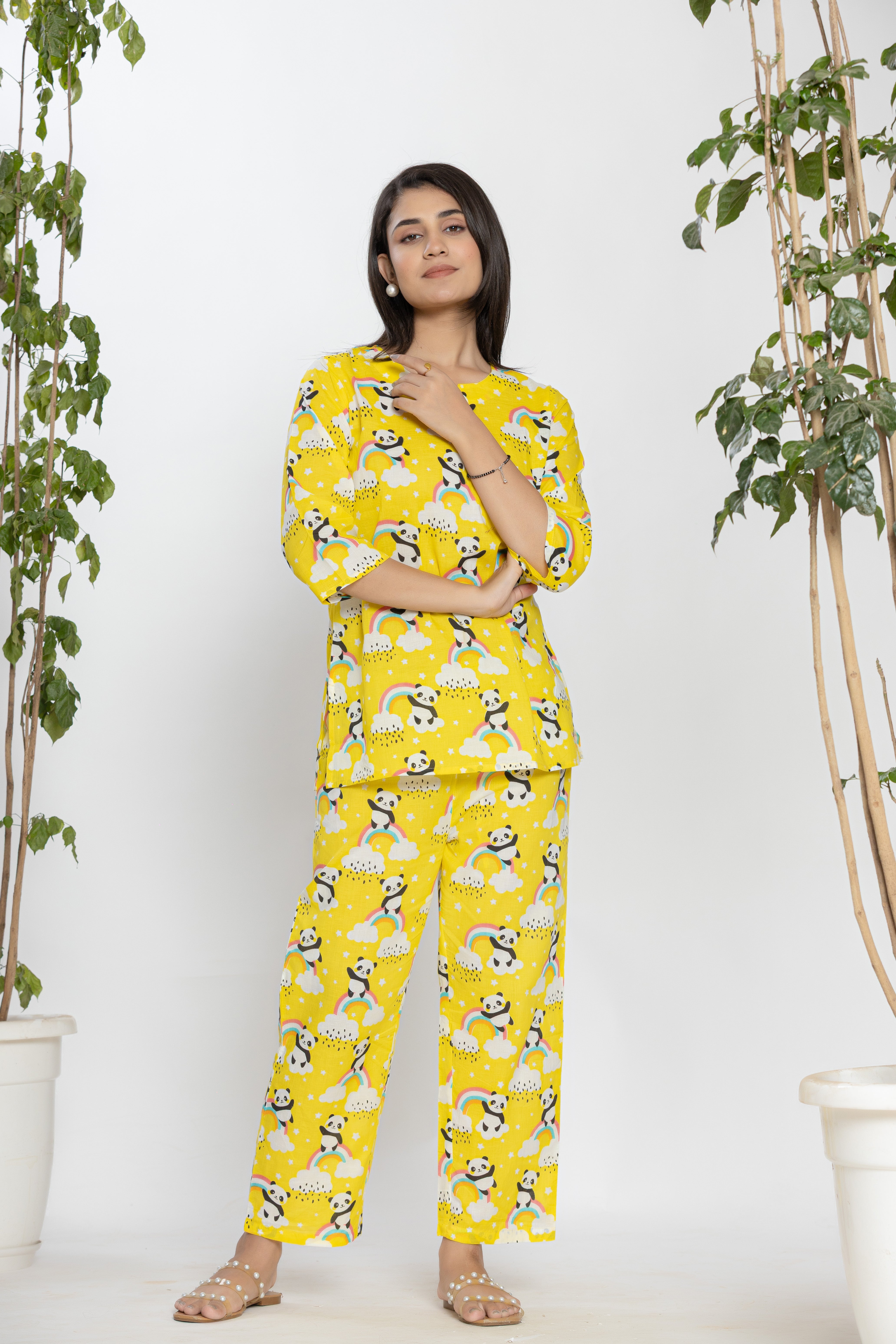 Yellow Shirt With Panda And Rainbow Pattern Night Dress