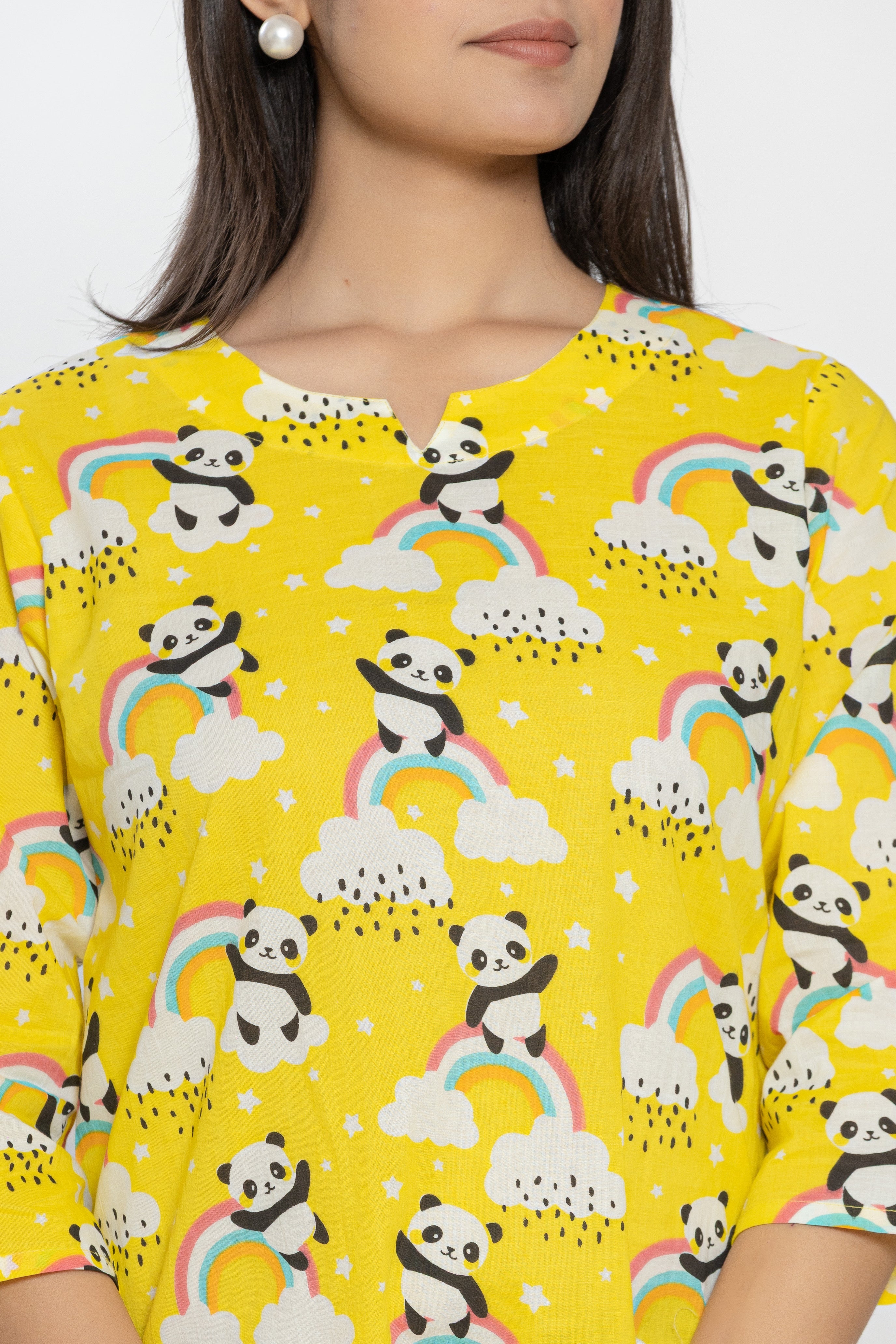 Yellow Shirt With Panda And Rainbow Pattern Night Dress