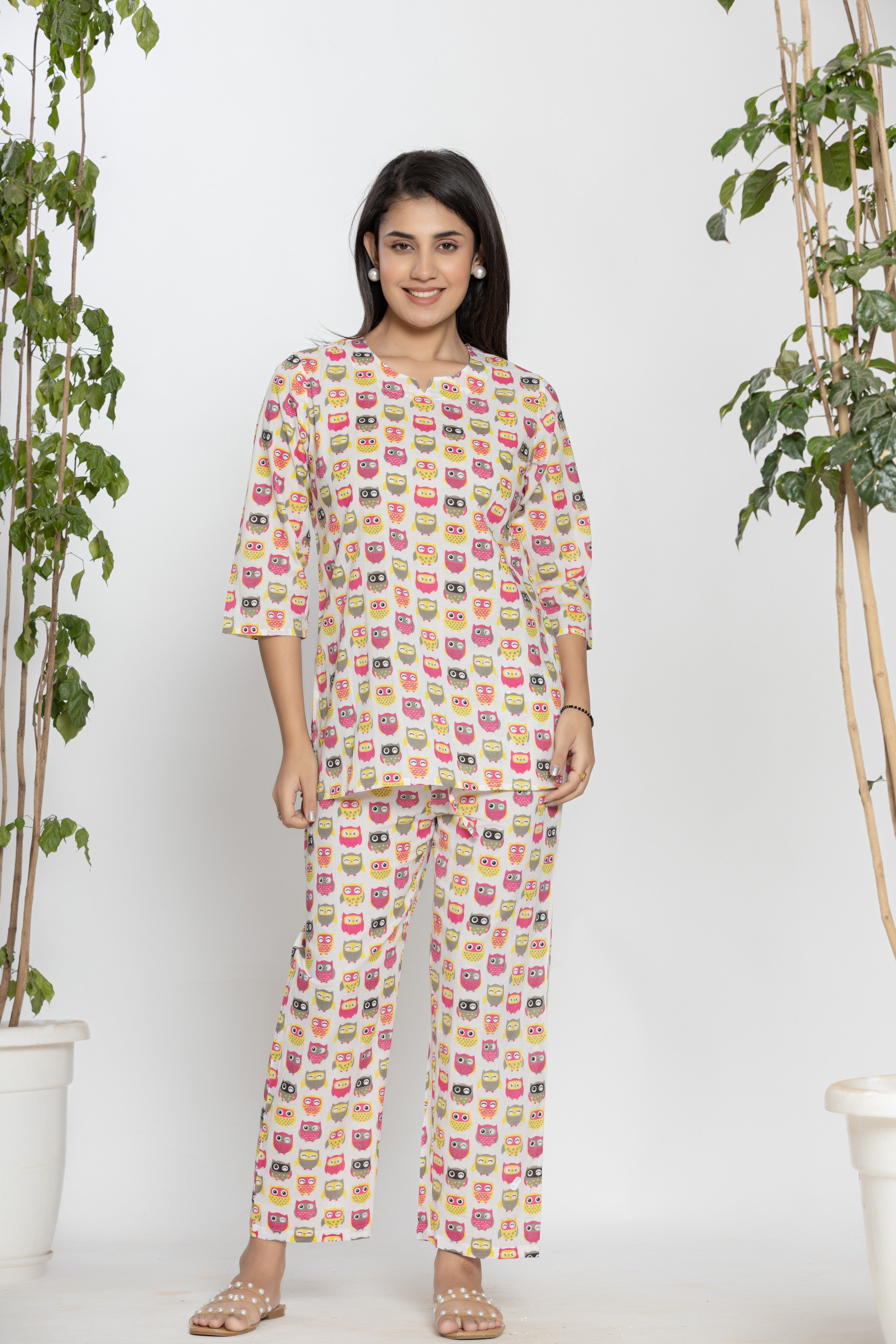 Owl Printed Cotton Ladies Night Dress