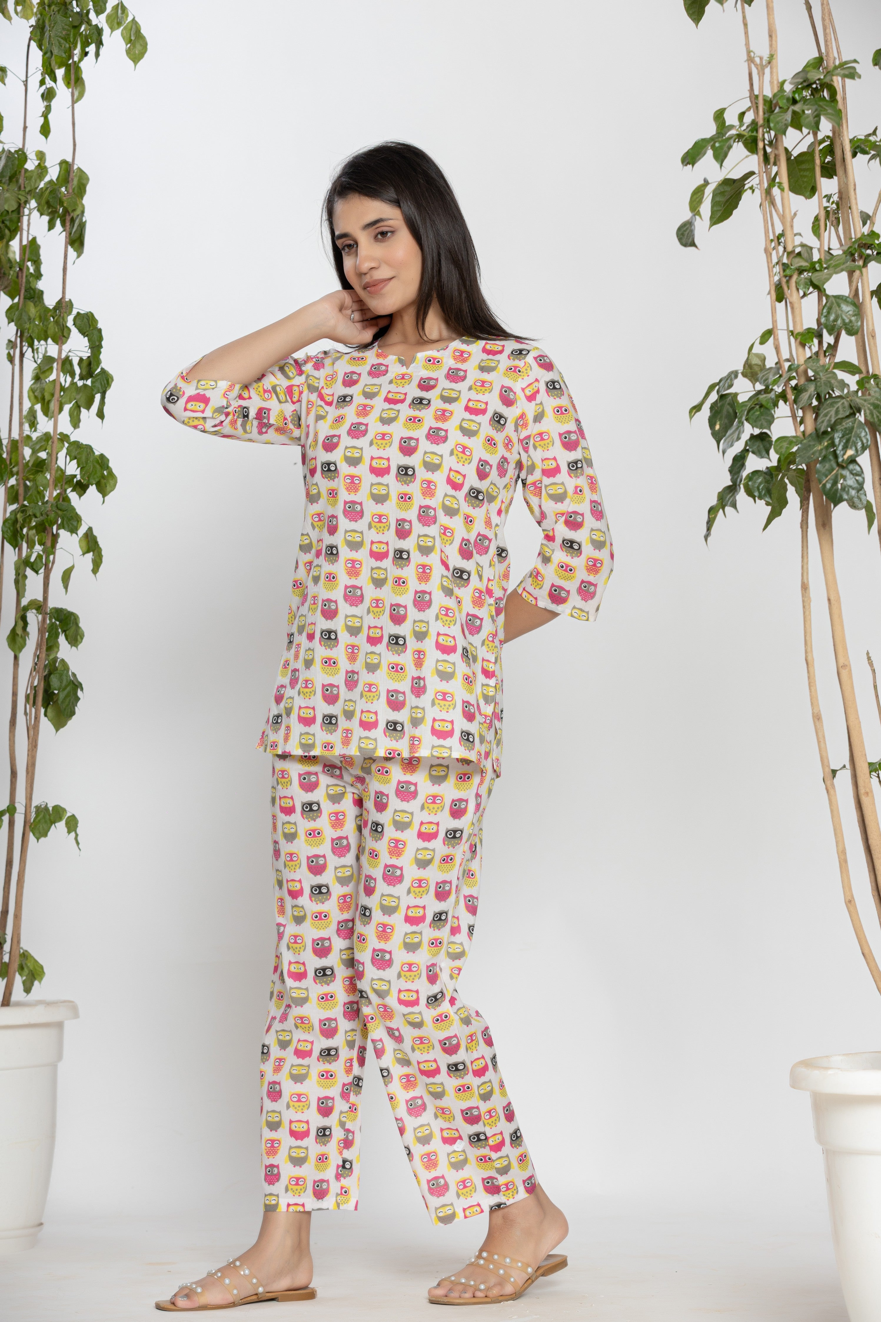 Owl Printed Cotton Ladies Night Dress