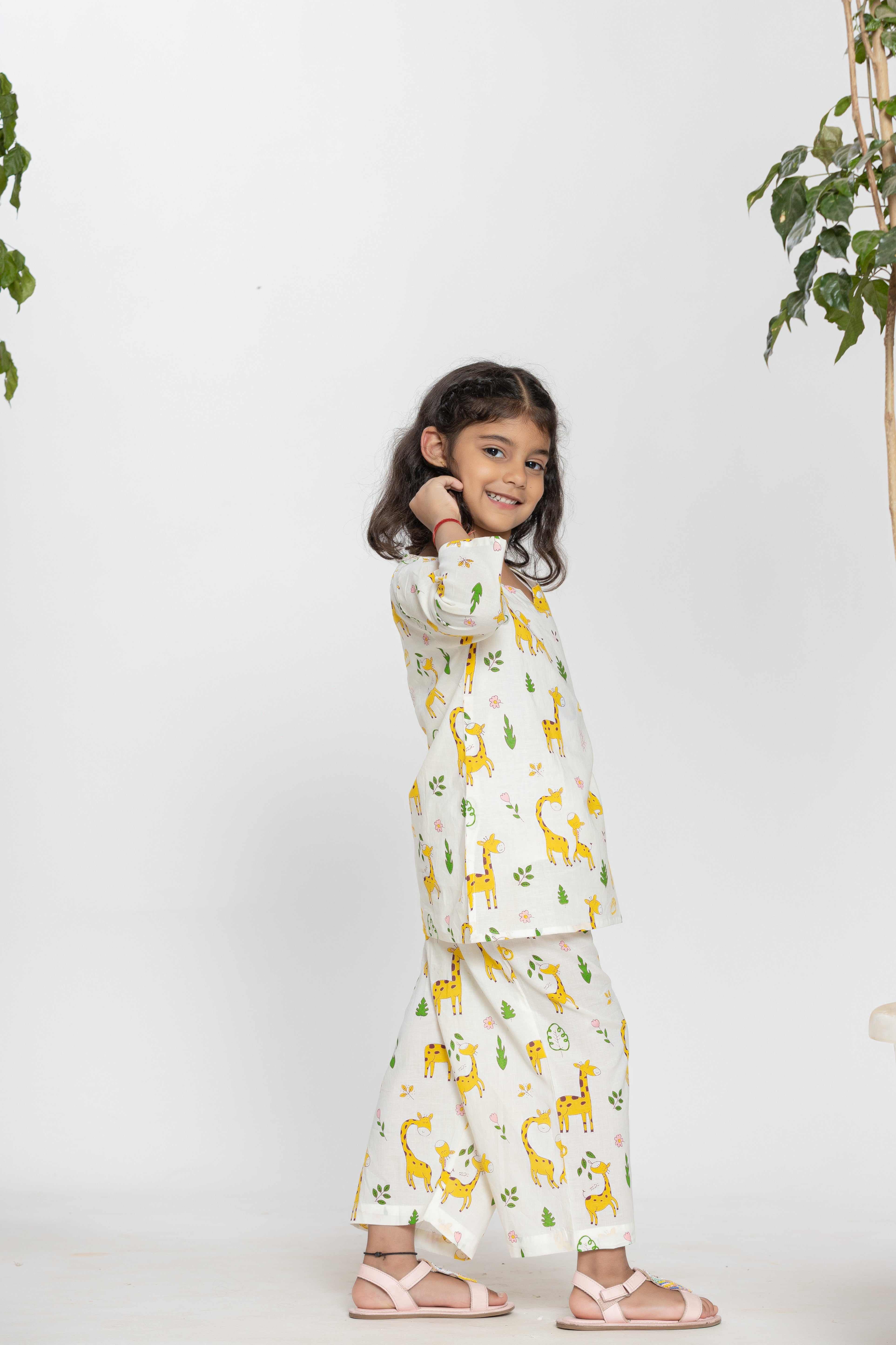 Giraffe Printed White Kids Night Dress