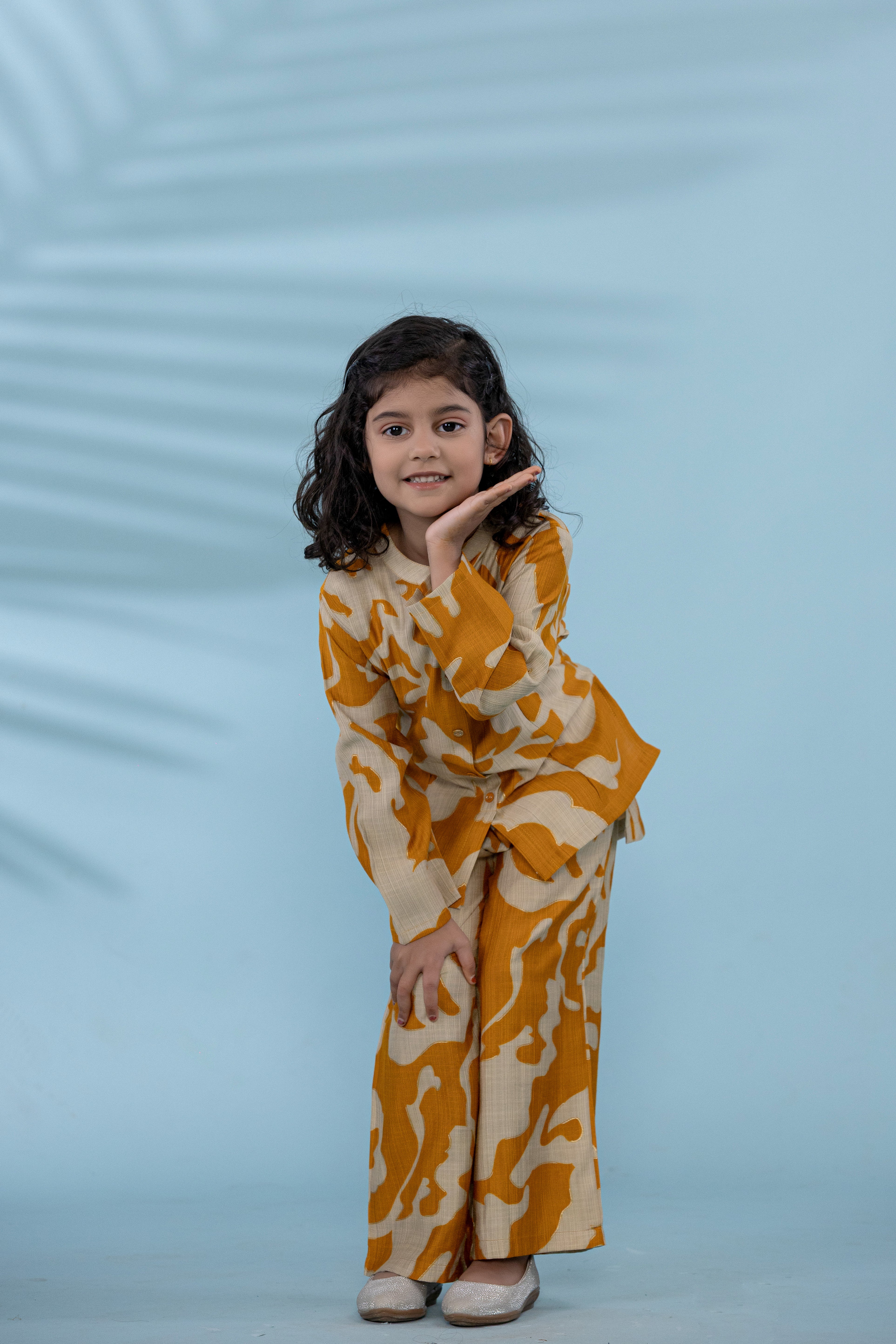 Yellow Kids Co-Ord Set With Red And White Prints