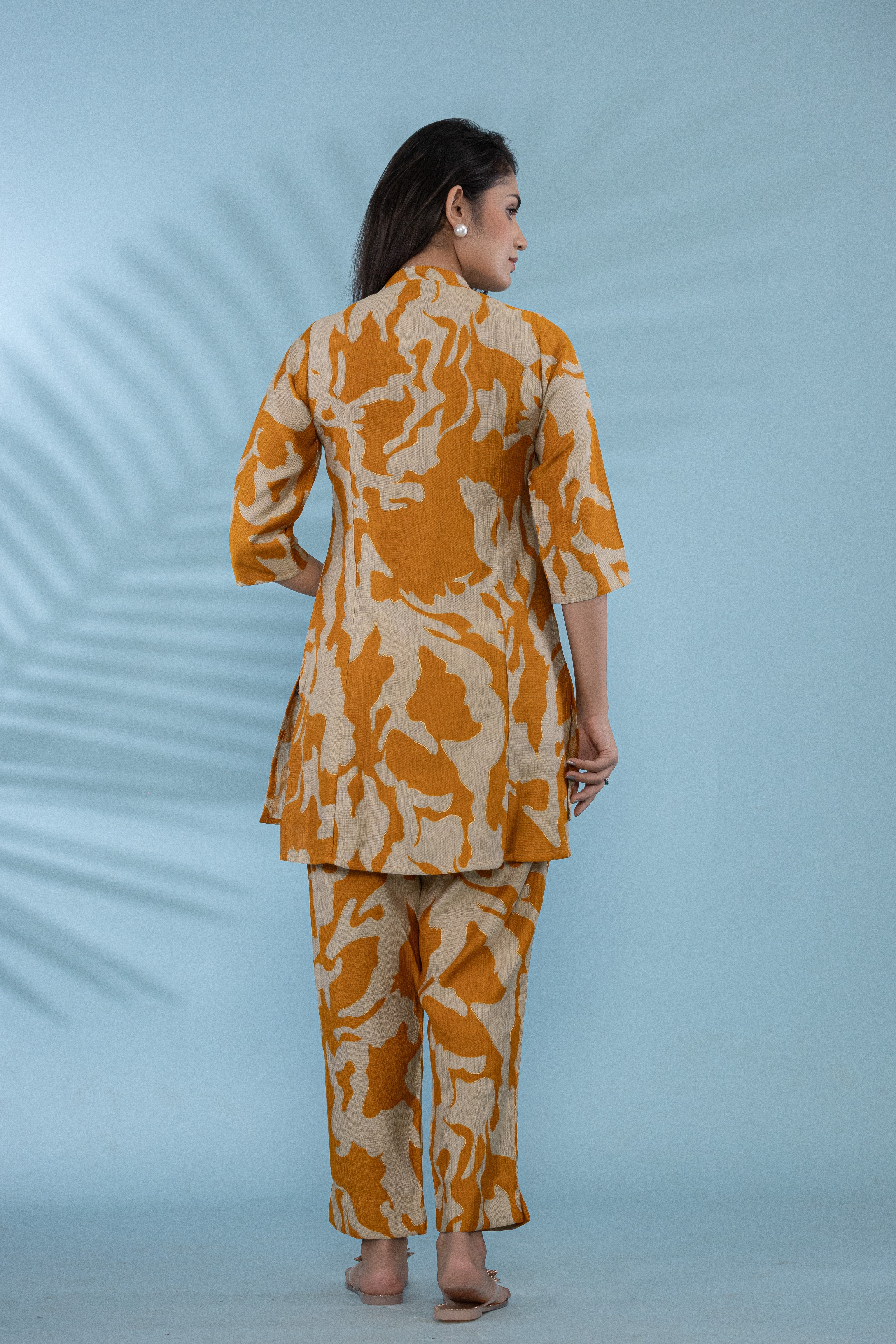 Women Button-Up Co-Ord Set With Yellow And White Abstract Floral Print