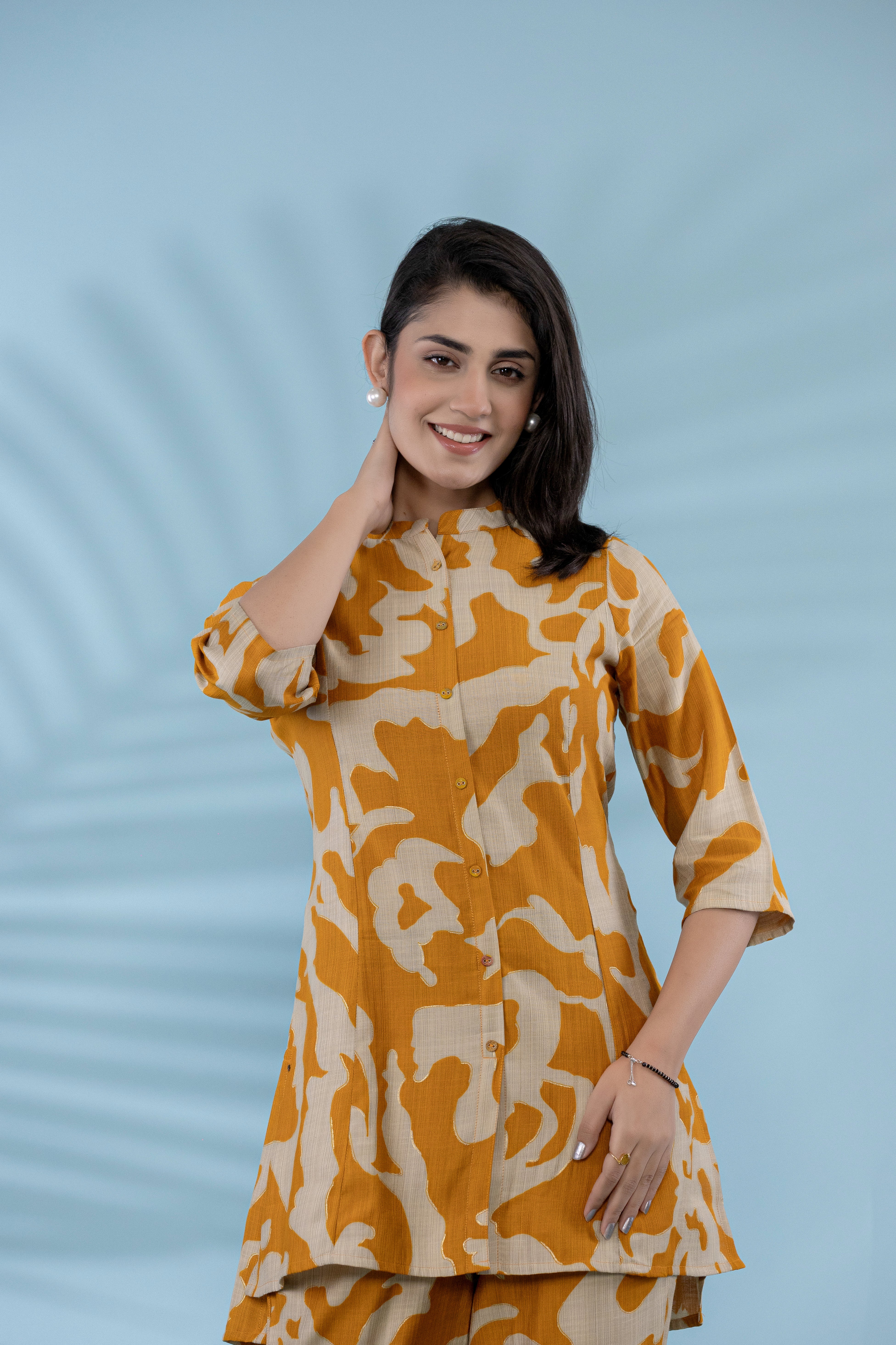 Women Button-Up Co-Ord Set With Yellow And White Abstract Floral Print