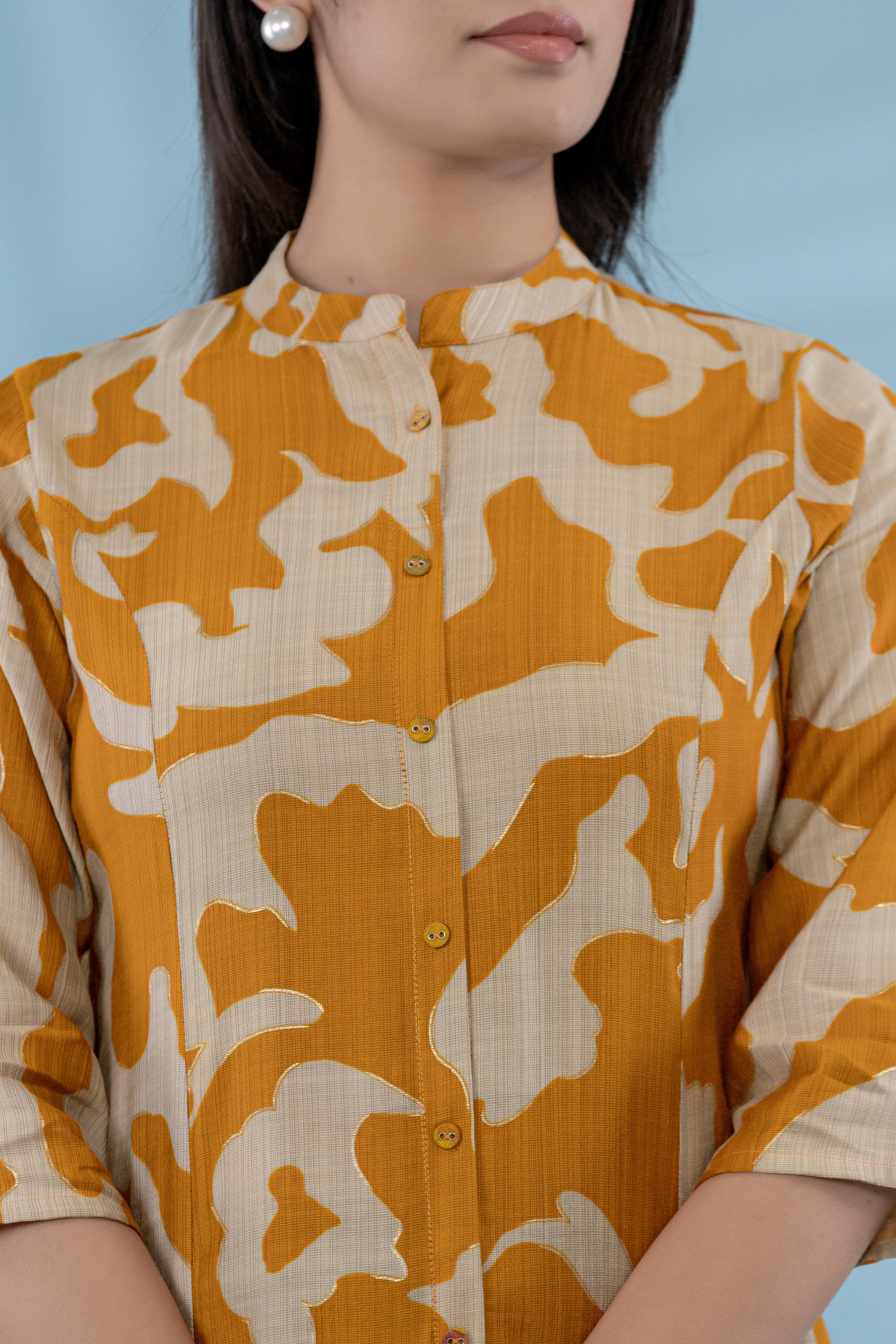 Women Button-Up Co-Ord Set With Yellow And White Abstract Floral Print