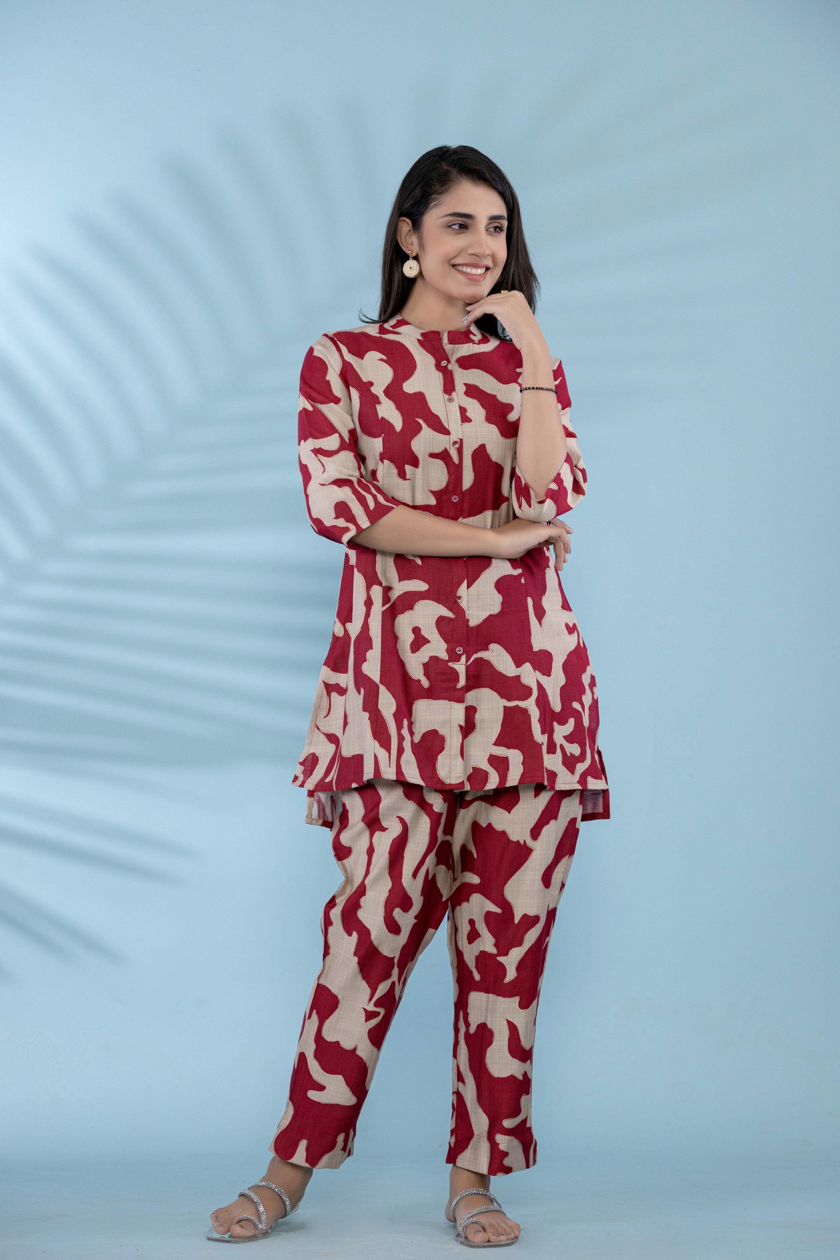 Button-Up Co-Ord Set With Red And White Abstract Floral Print