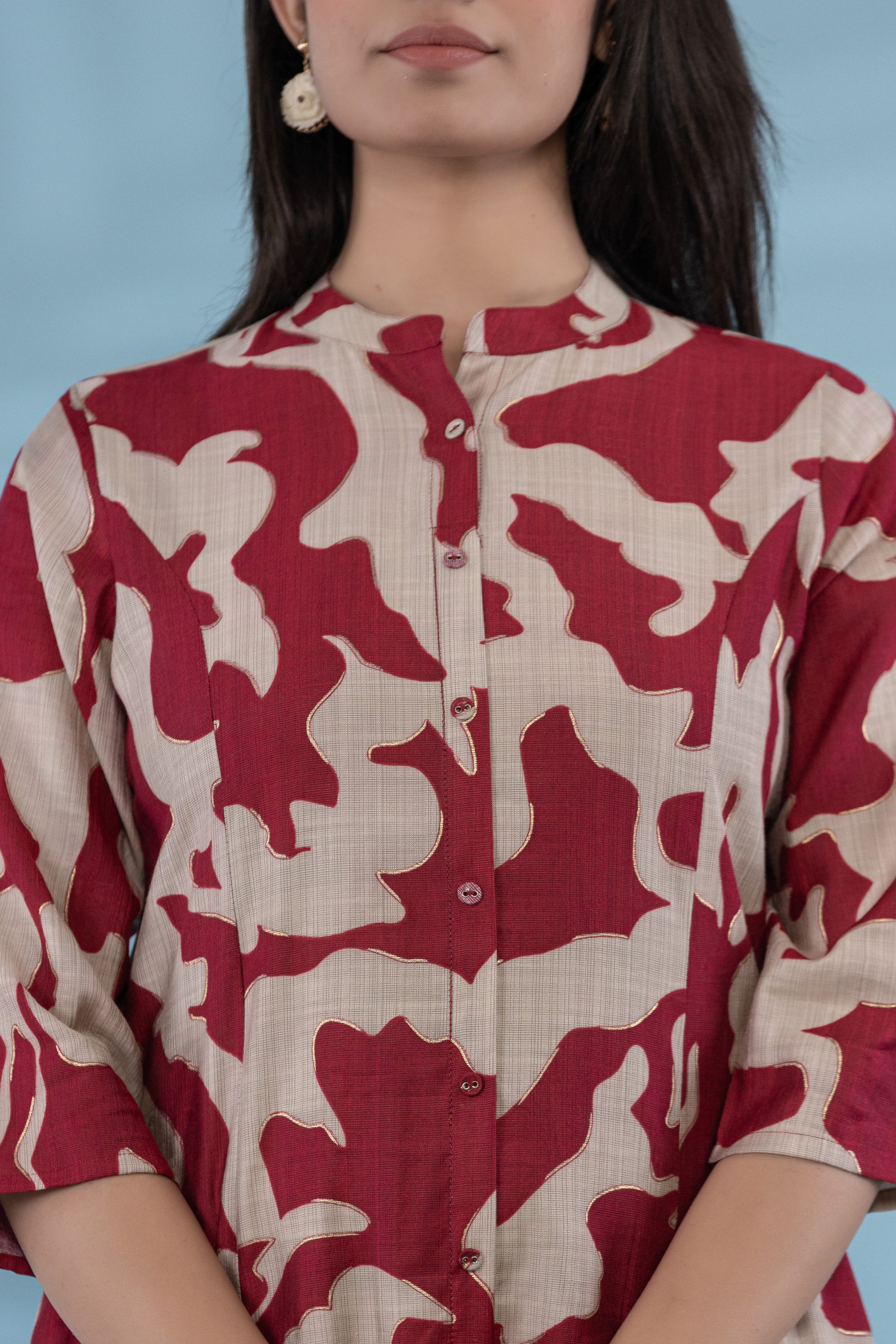 Women Button-Up Co-Ord Set With Red And White Abstract Floral Print