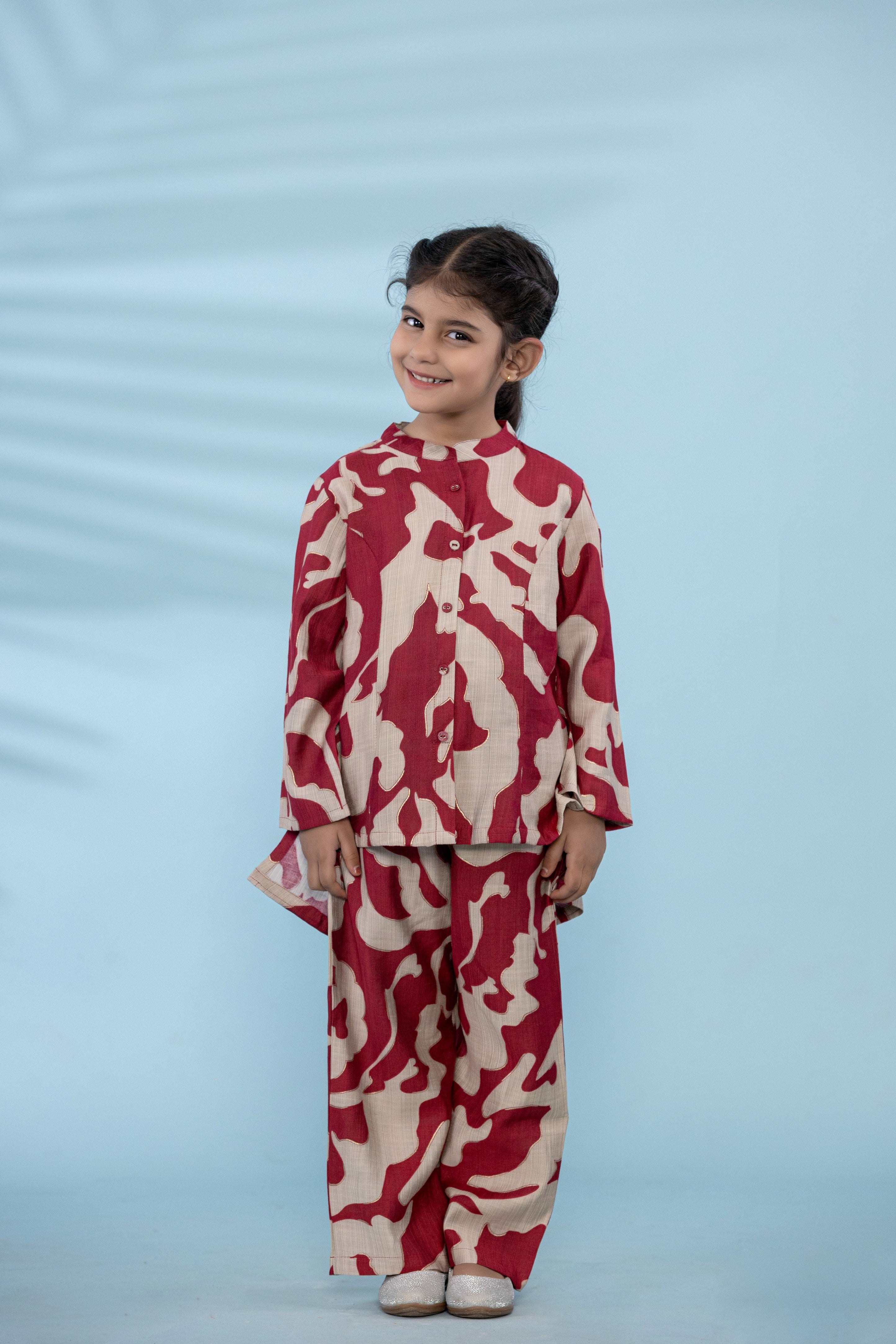 Button-Up Co-Ord Set With Red And White Abstract Floral Print