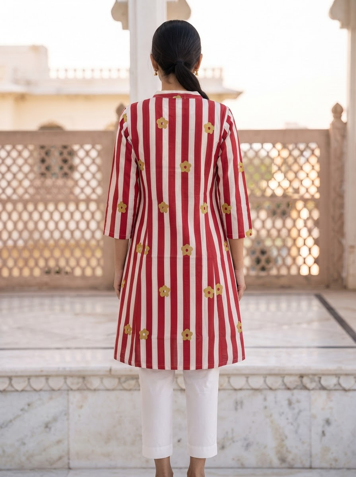Vertical Stripe Pattern With Delicate Floral Motifs Mandarin Collar Kurti For Women - Red & White