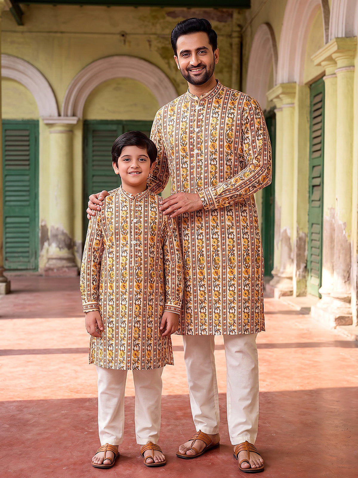 Baap Beta Ivory Yellow floral kurta - front
