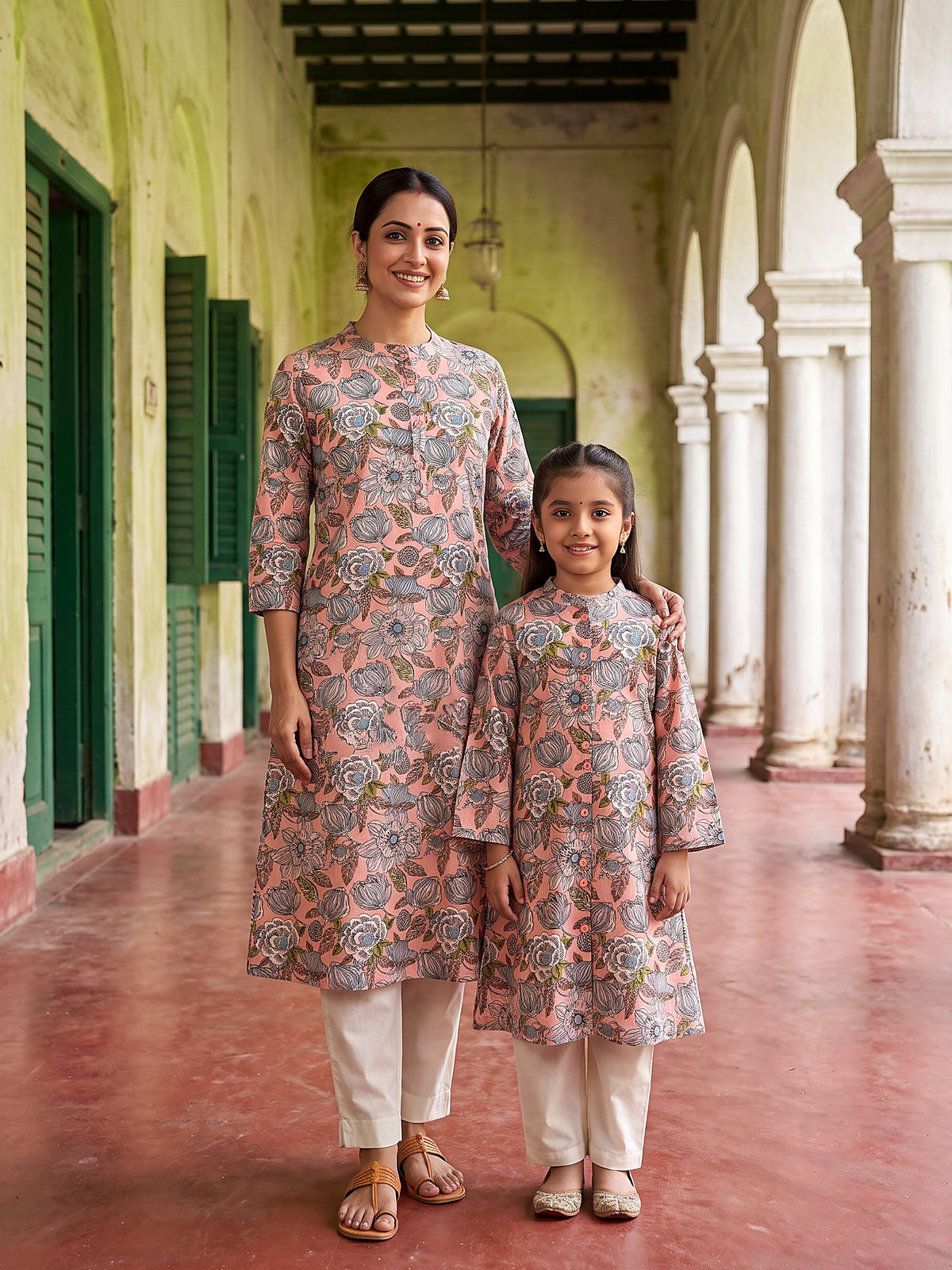 Mother and daughter in matching pink floral kurtis