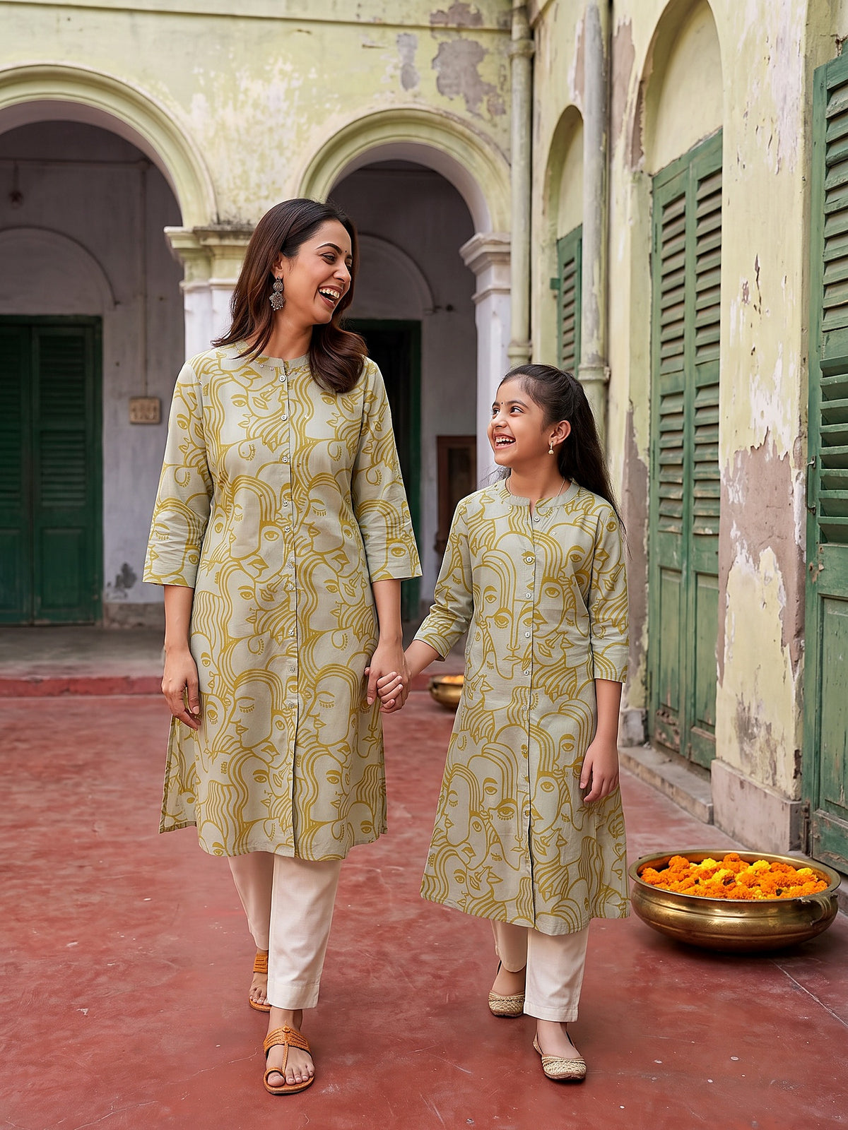 Maa Beti Sage Green face art kurti - together