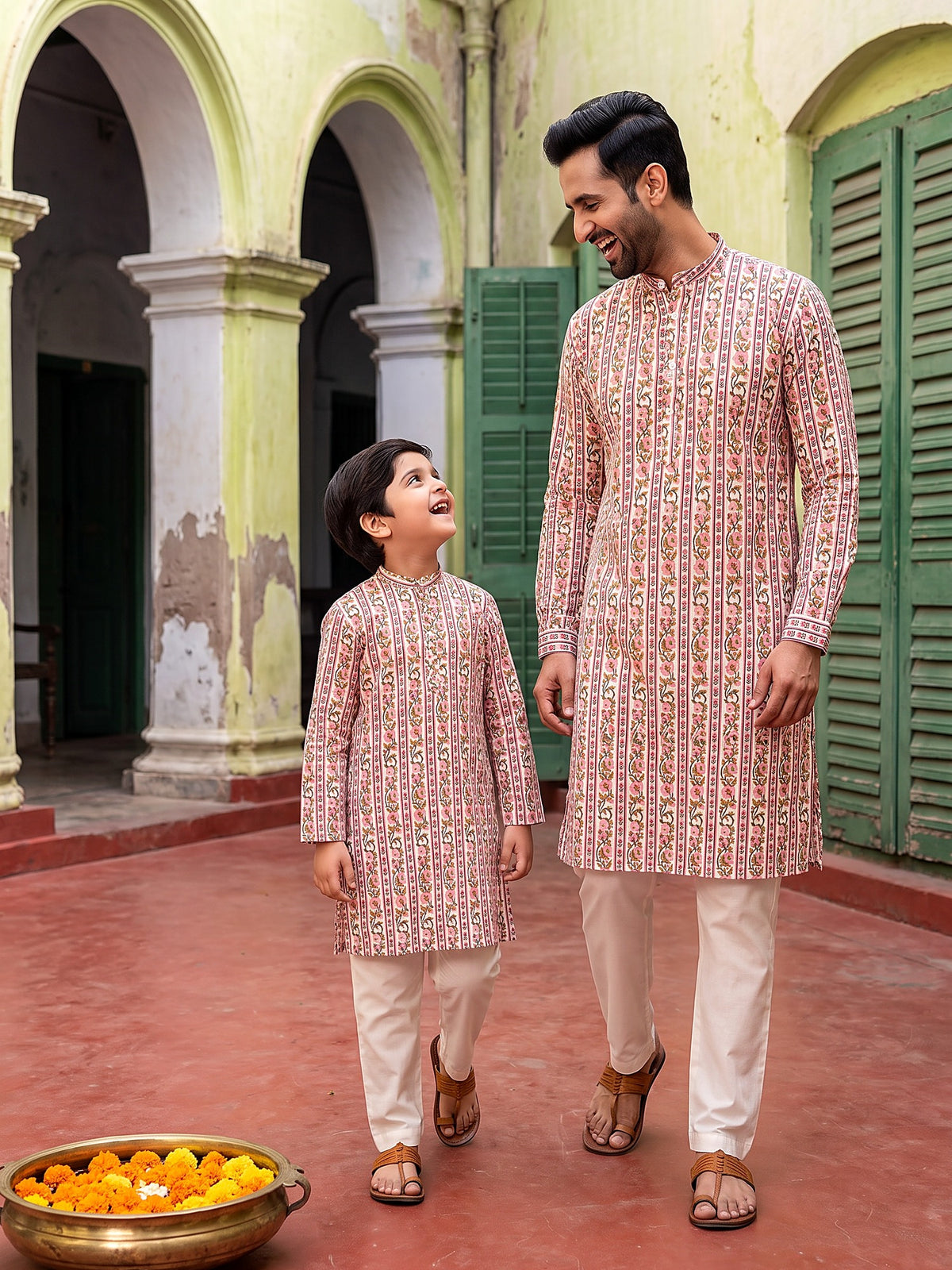 Baap Beta Pink floral kurta - together