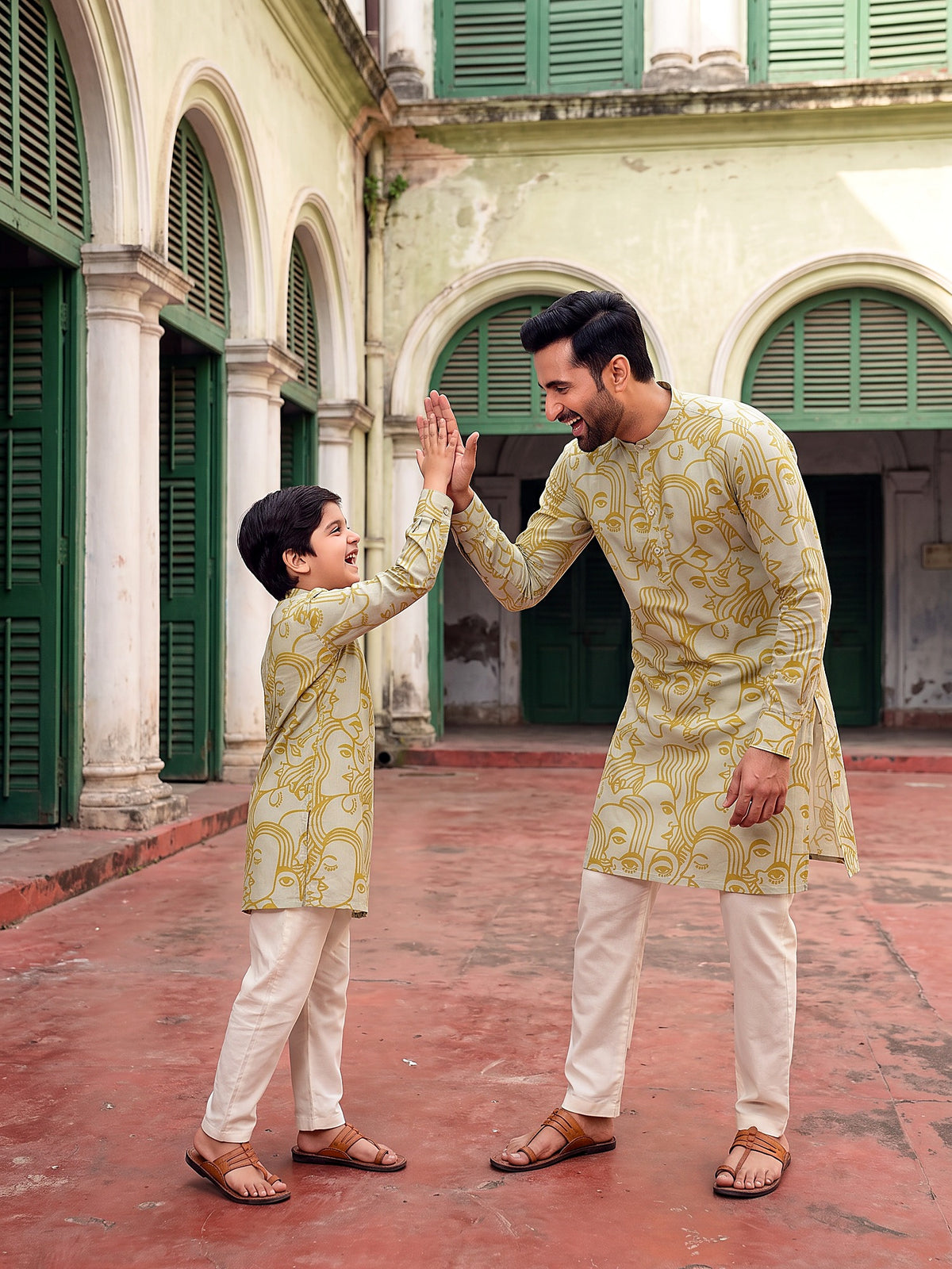 Baap Beta Sage Green face art kurta - playful