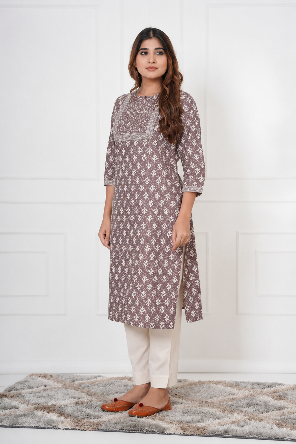 Traditional Bagru Hand Block Printed Kurti (Brown, Floral)