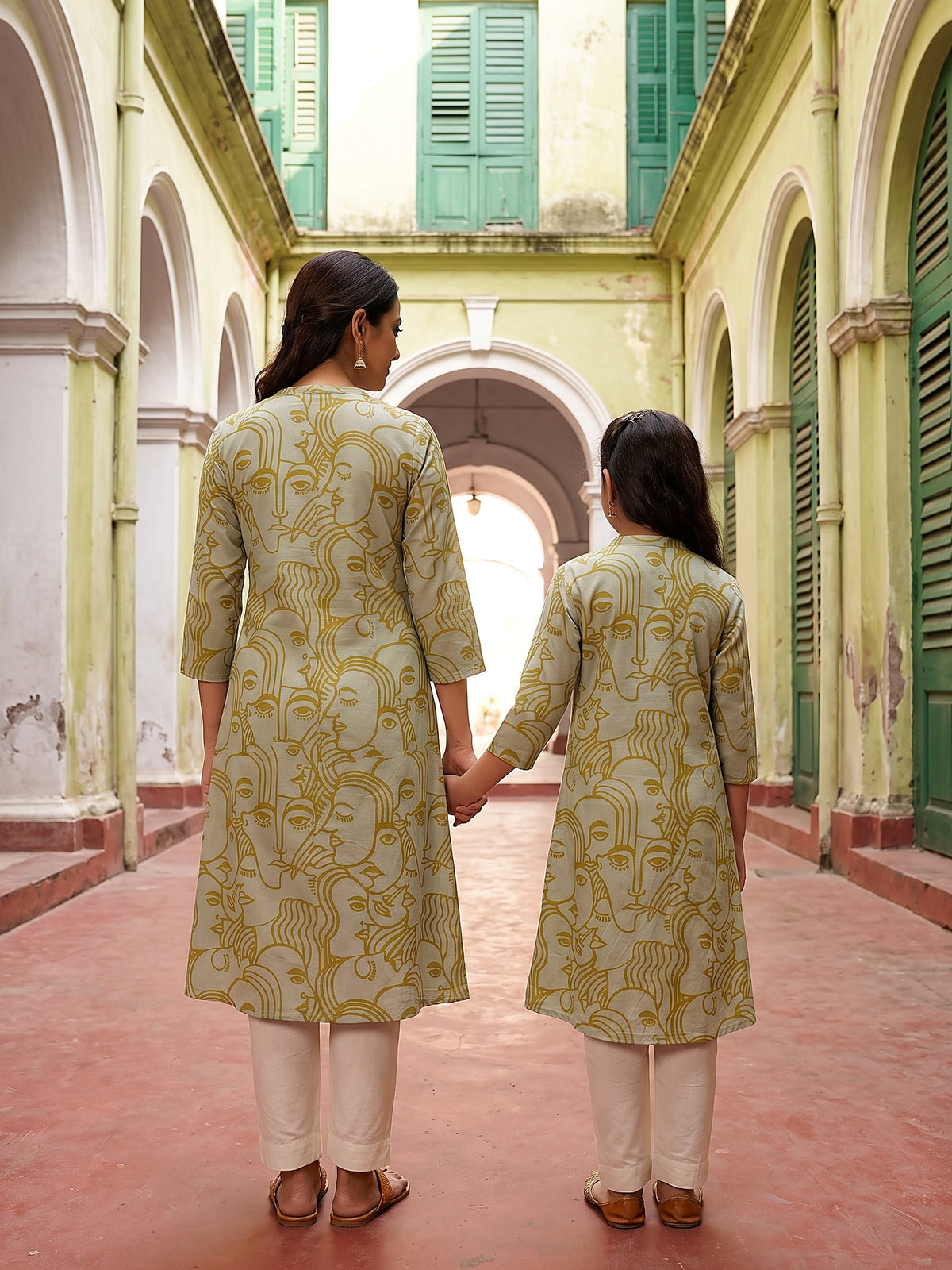 Maa Beti Sage Green face art kurti - back view