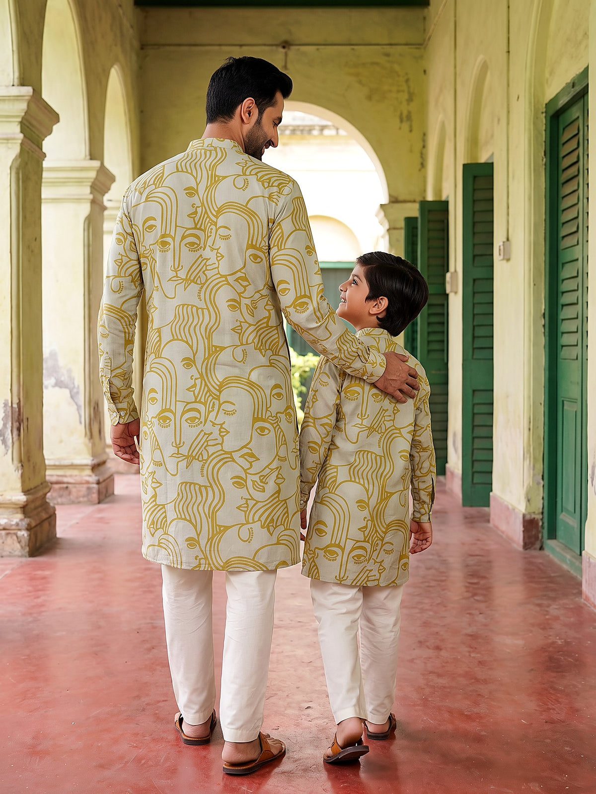 Baap Beta Sage Green face art kurta - back view
