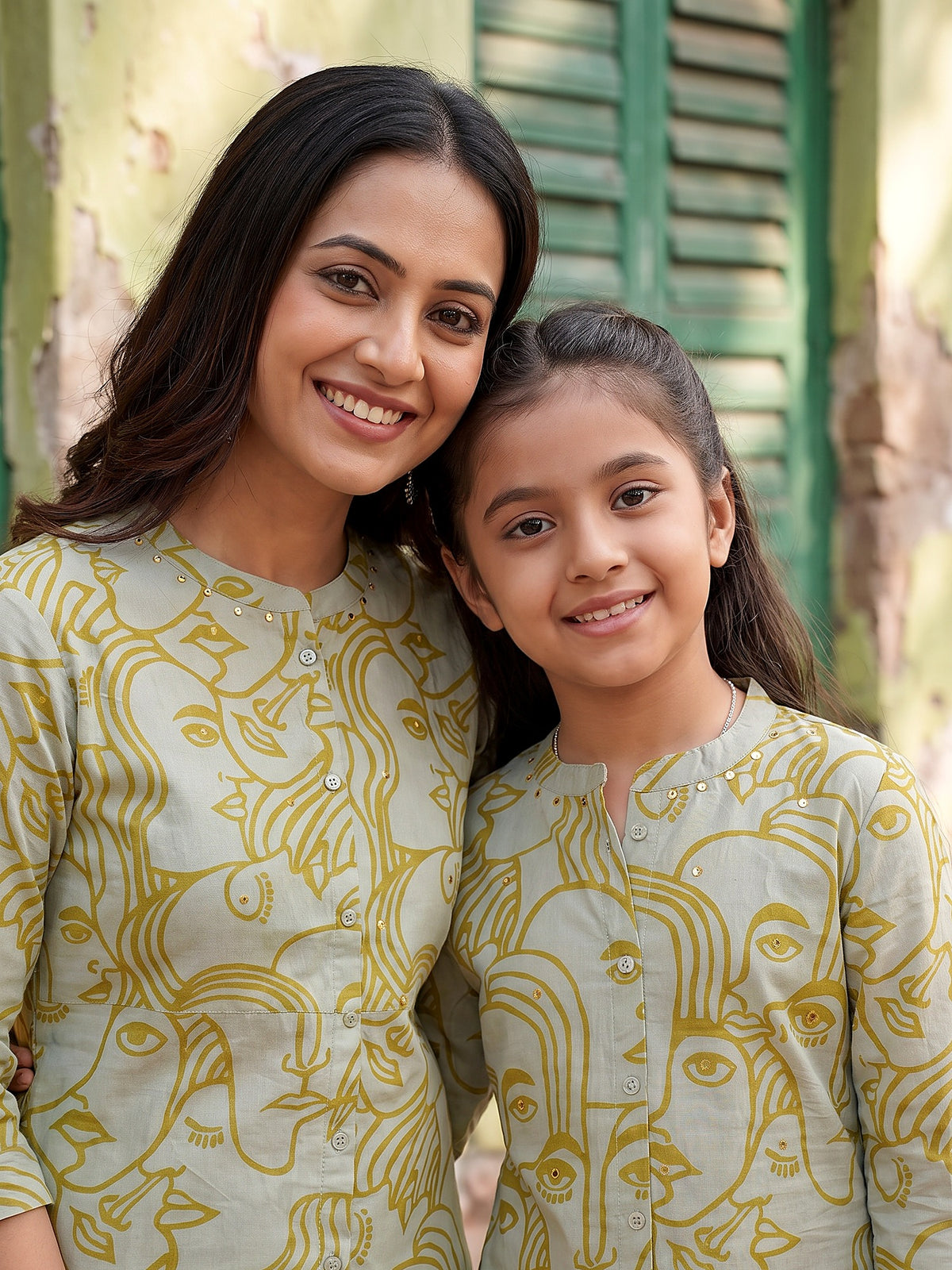 Maa Beti Sage Green face art kurti - close up