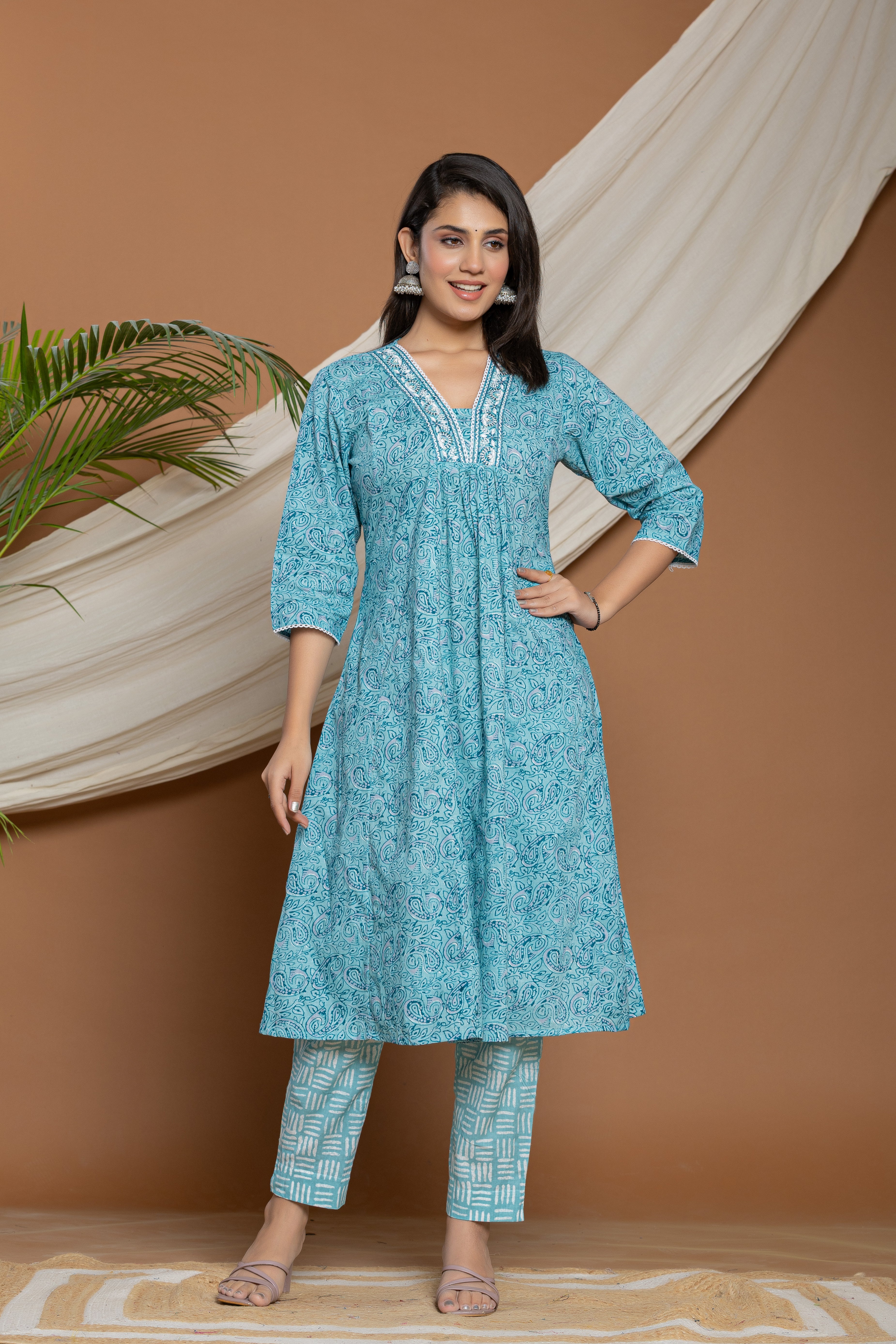Blue Printed Cotton Kurta With White Embroidered Detailing