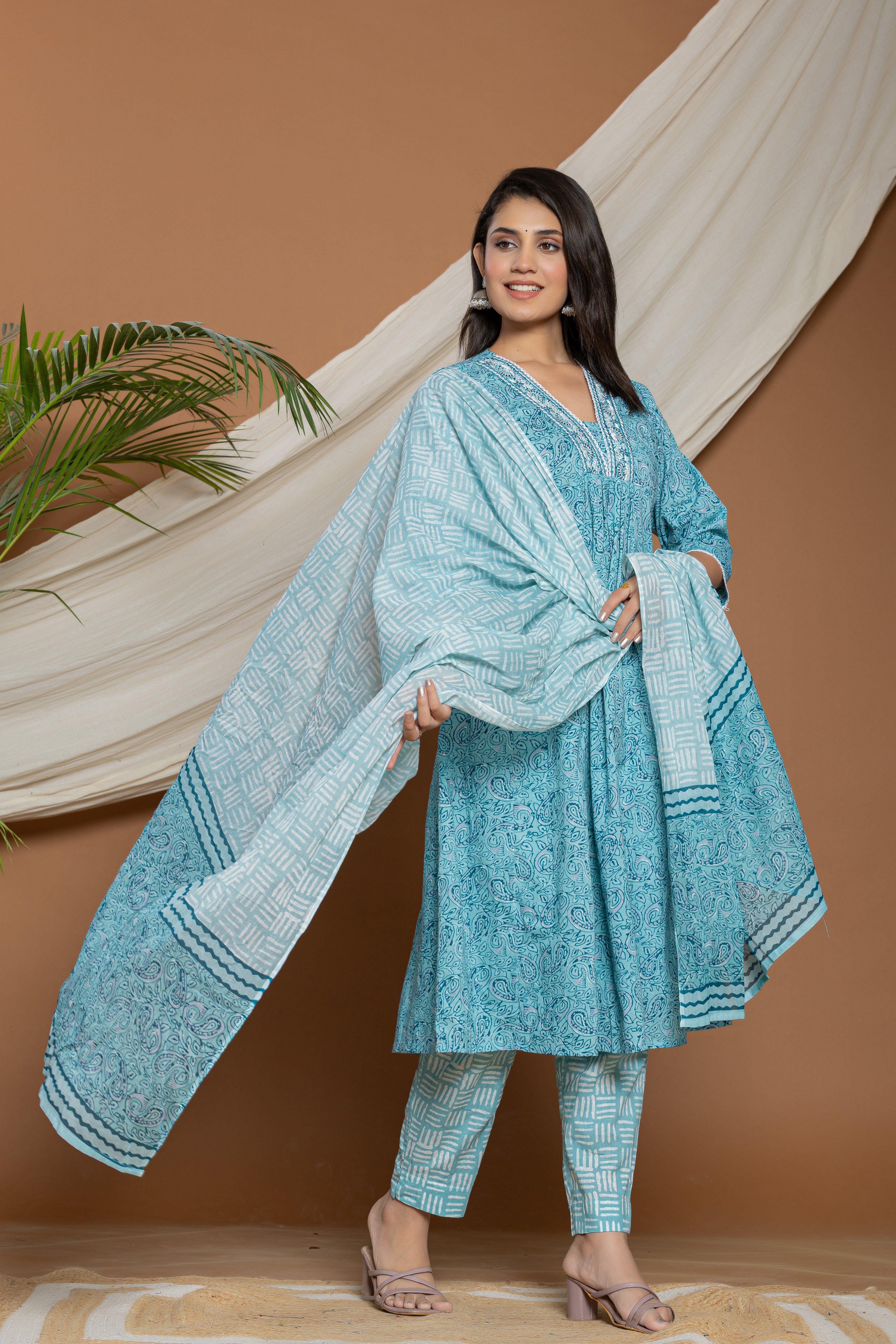 Blue Printed Cotton Kurta With White Embroidered Detailing
