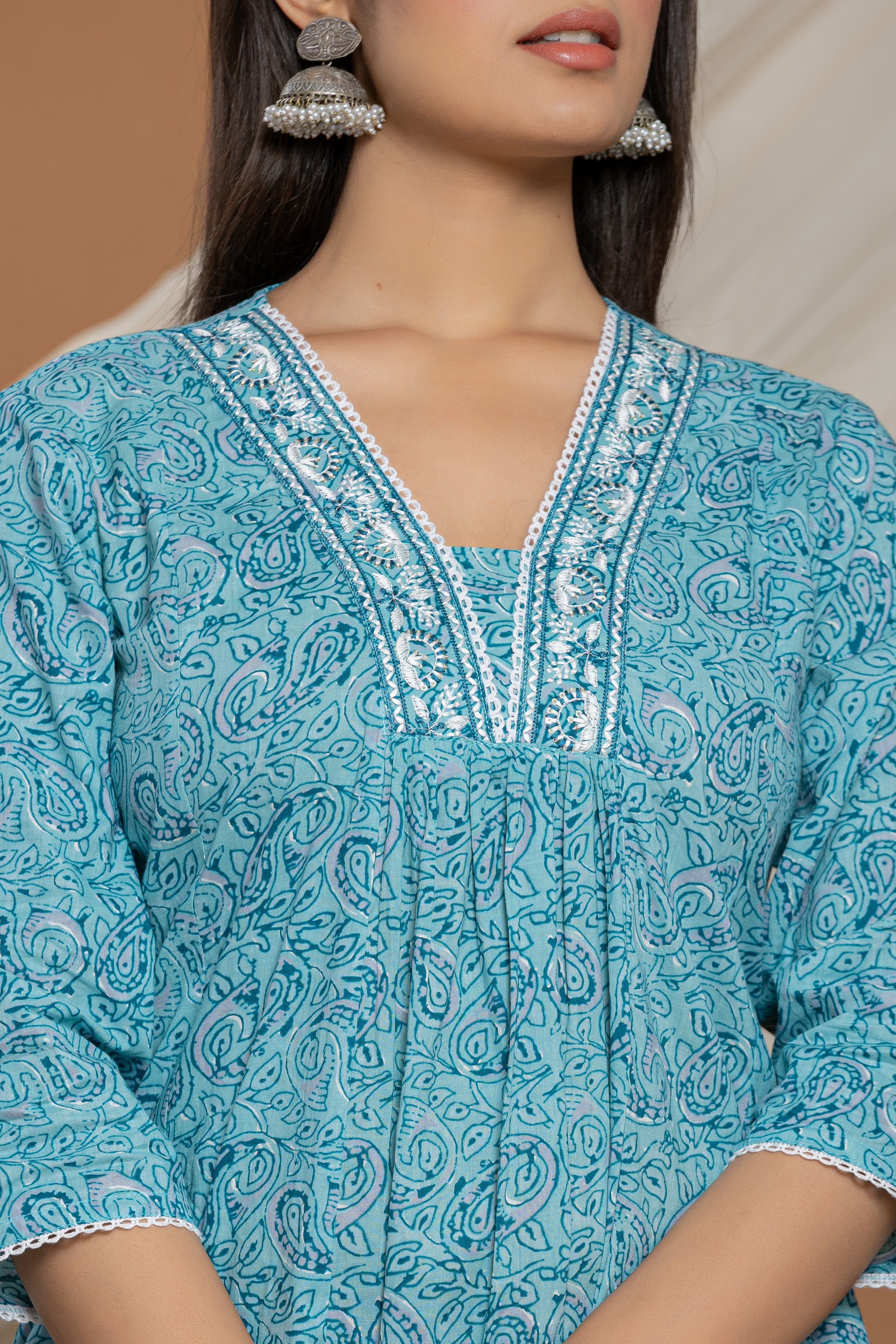 Blue Printed Cotton Kurta With White Embroidered Detailing