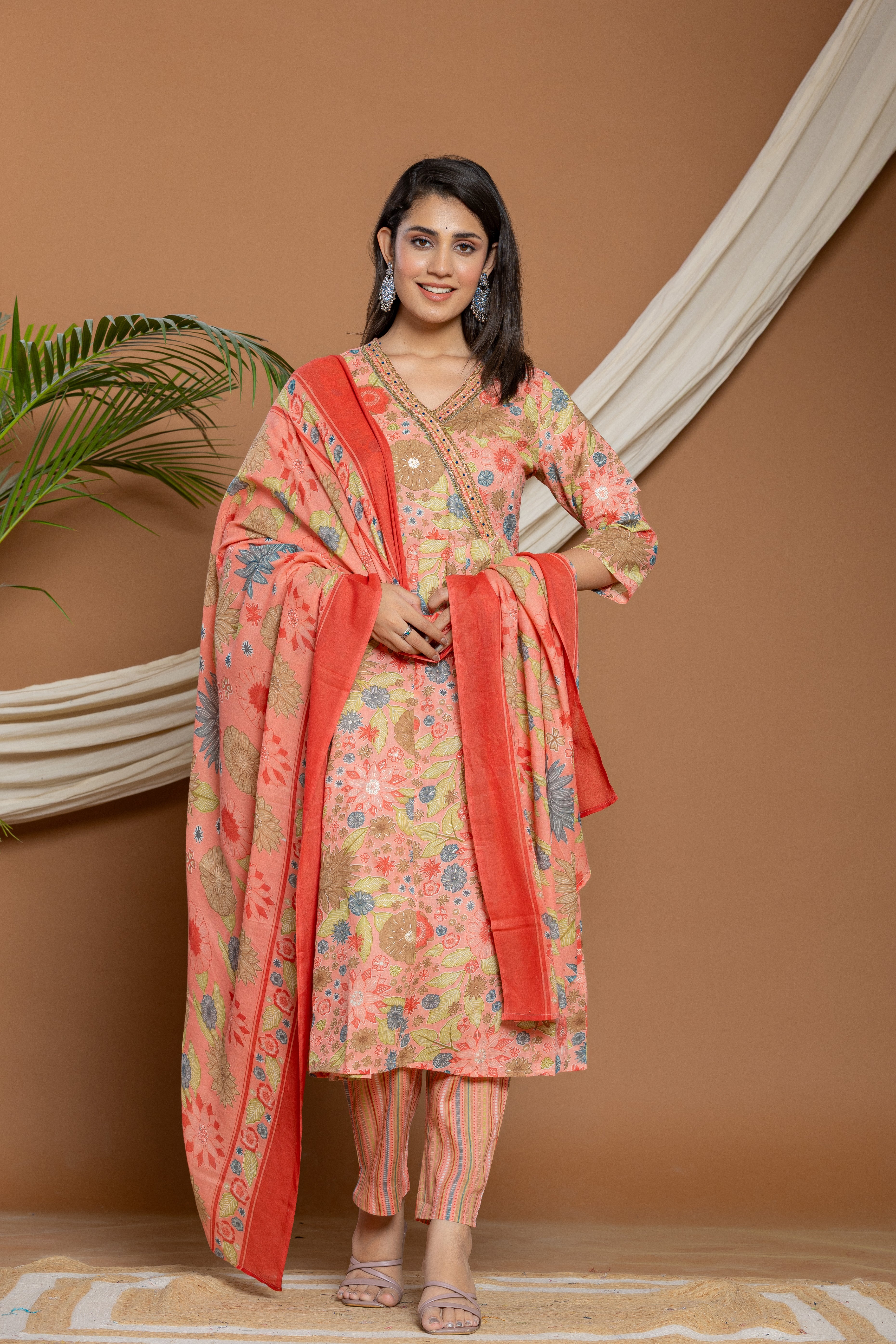 Ladies Peach Floral Printed 3 Pcs Set