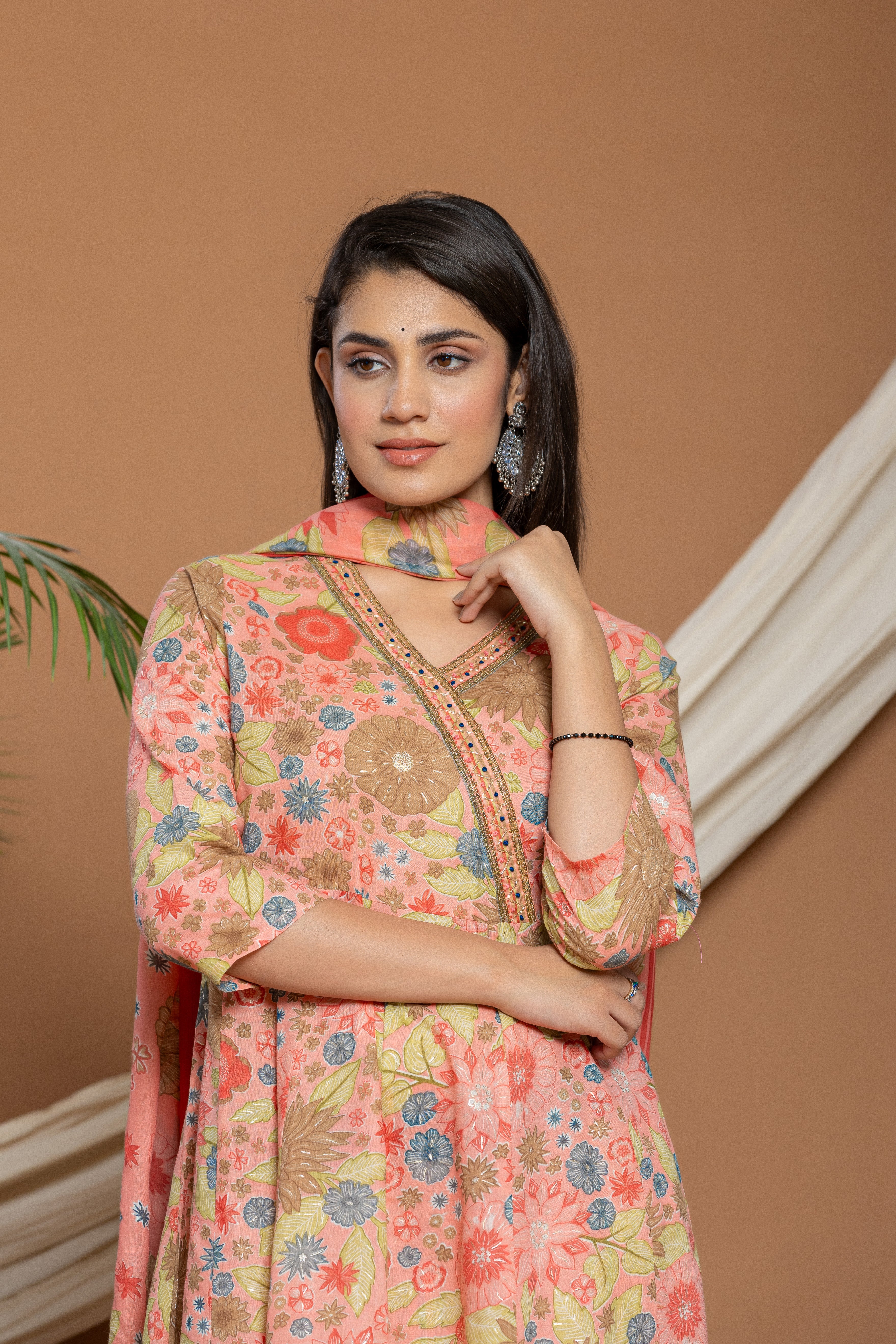 Ladies Peach Floral Printed 3 Pcs Set