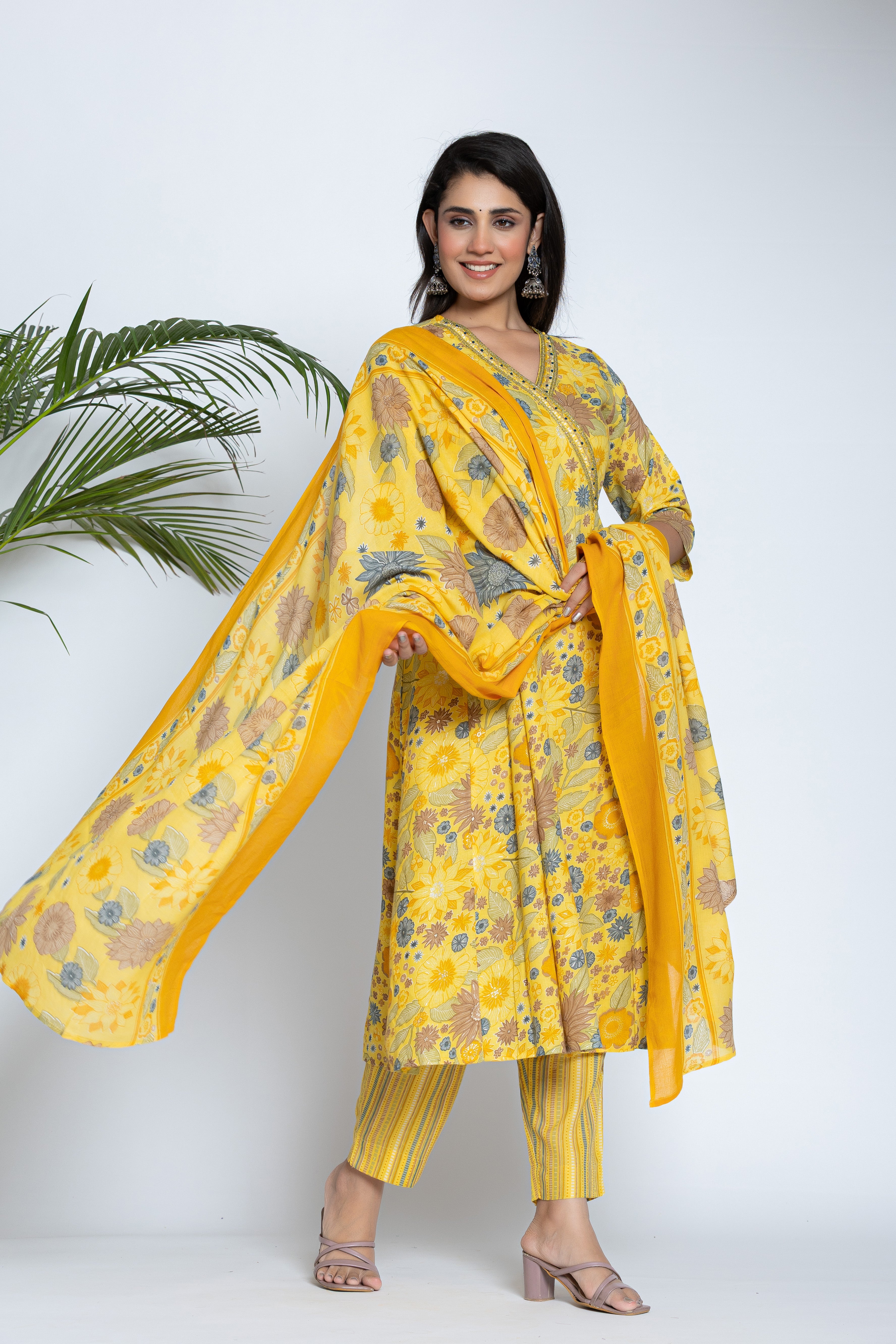 Ladies Yellow Floral Printed 3 Pcs Set