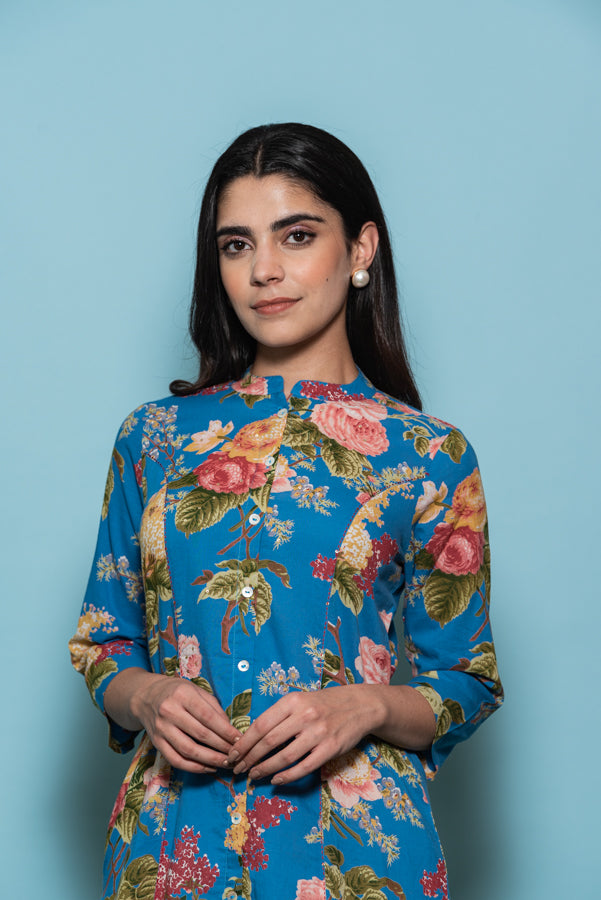 Blue Embellished Floral Printed Cotton Kurti