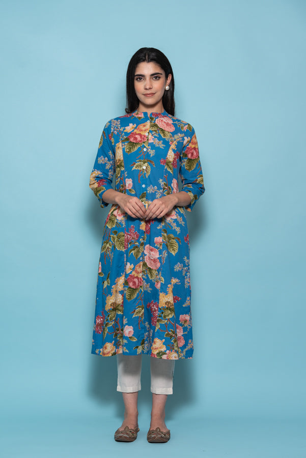 Blue Embellished Floral Printed Cotton Kurti