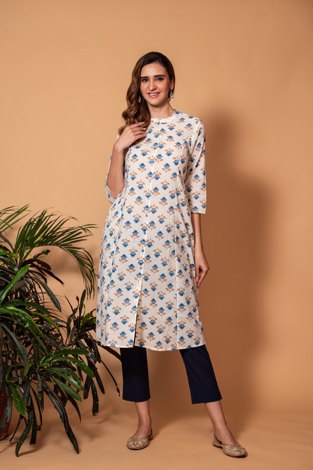 Cream With Blue Floral Printed Cotton Kurti