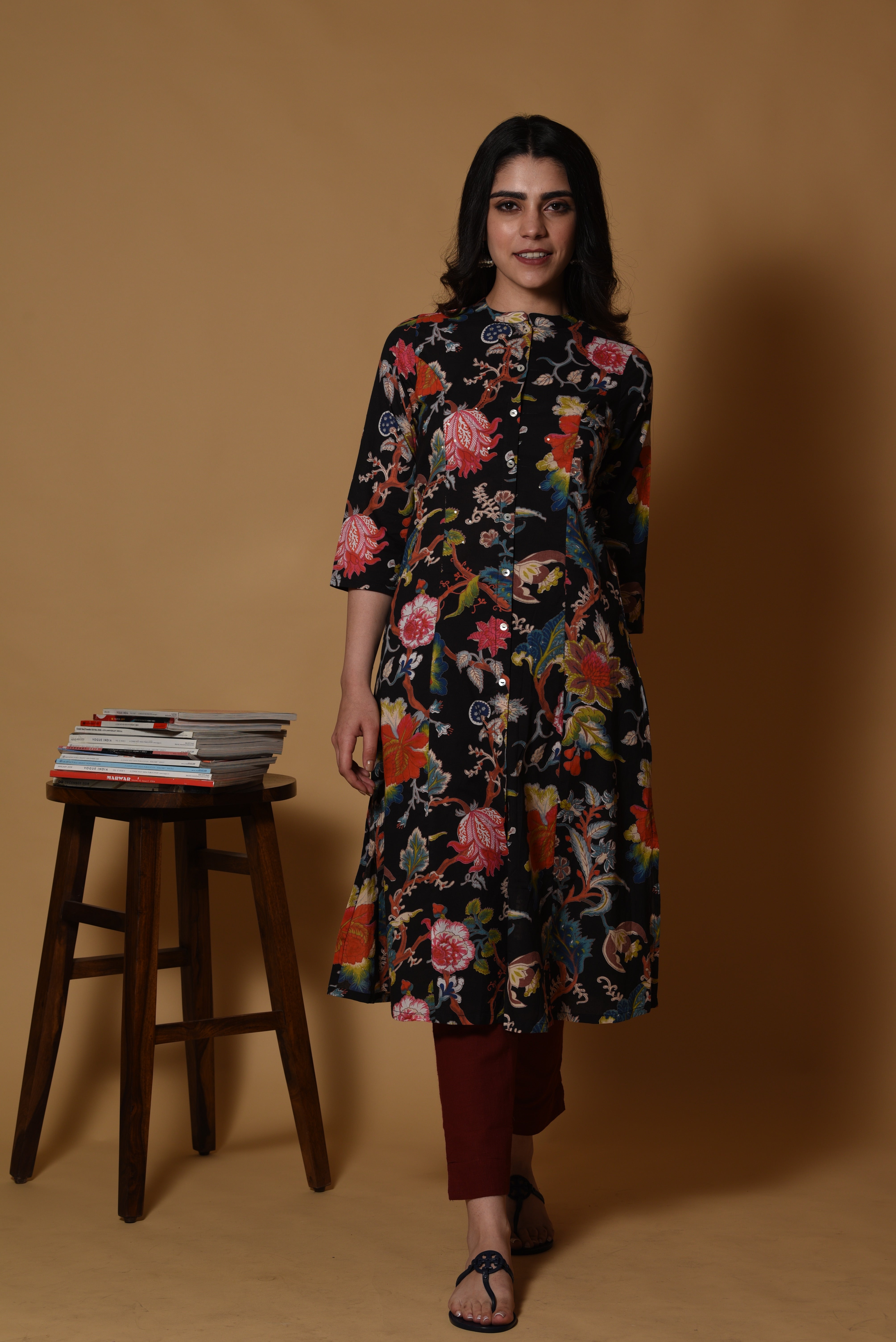 Black Embellished Floral Printed Cotton Kurti