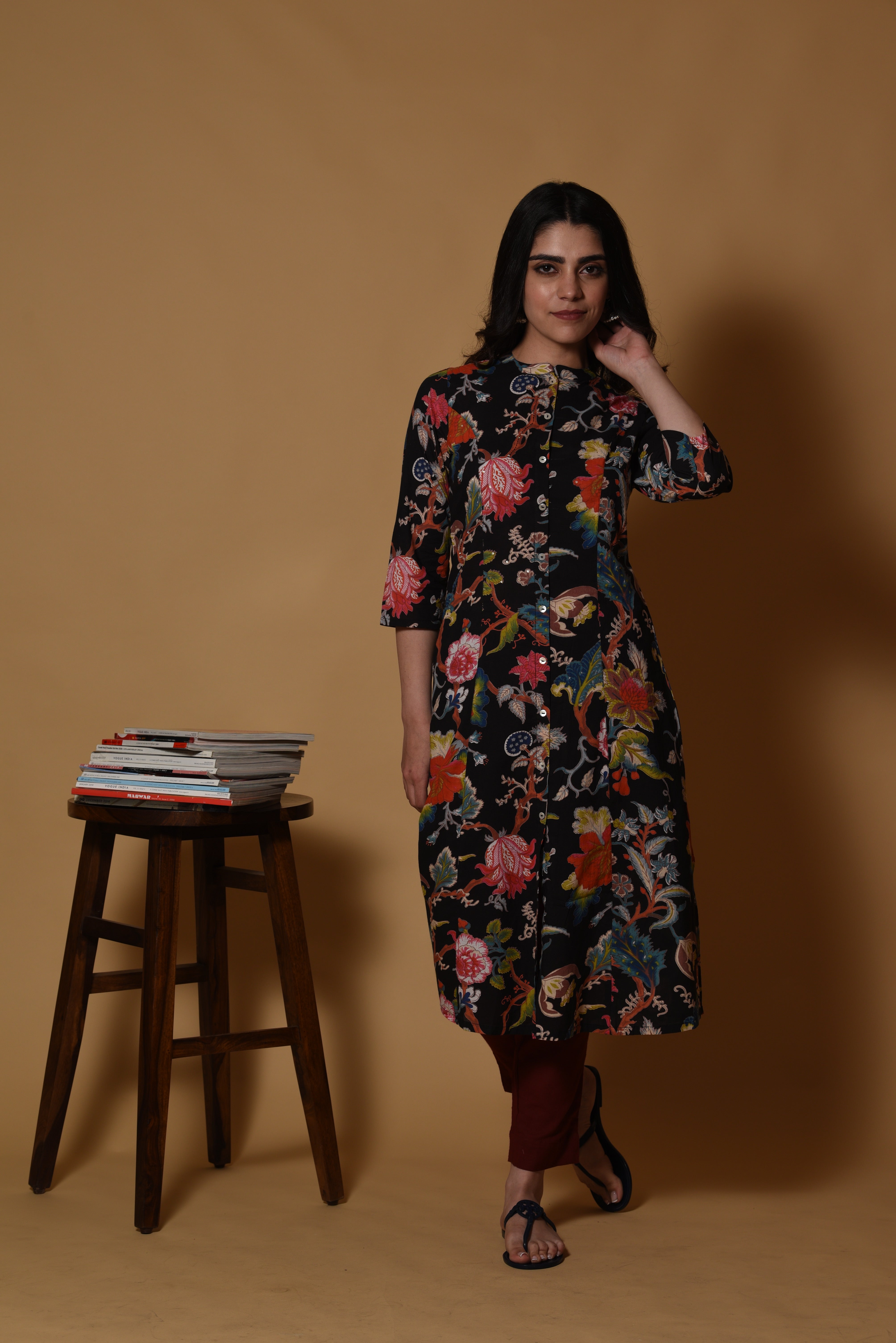 Black Embellished Floral Printed Cotton Kurti