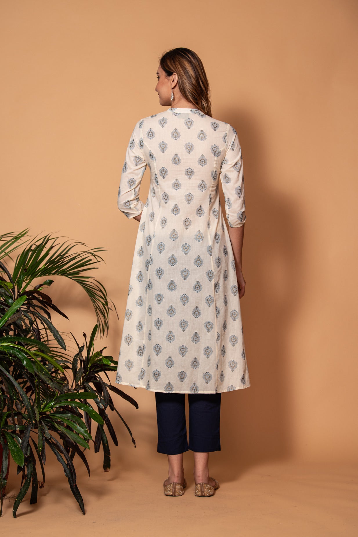 Off-white with Blue Floral Printed Cotton Kurti