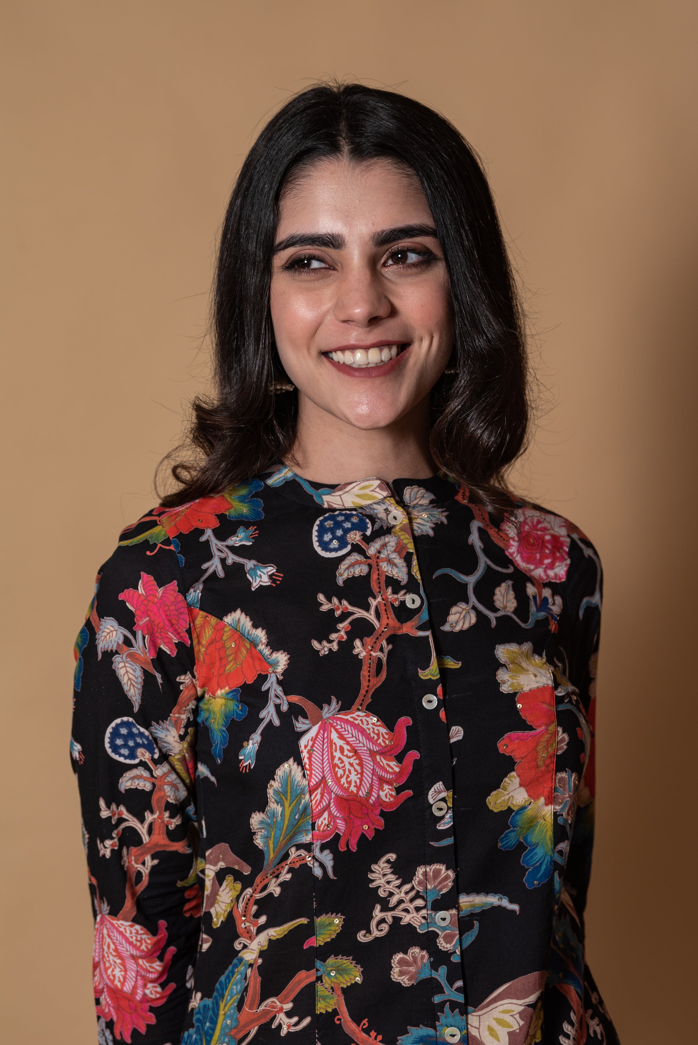 Black Embellished Floral Print Cotton Kurti