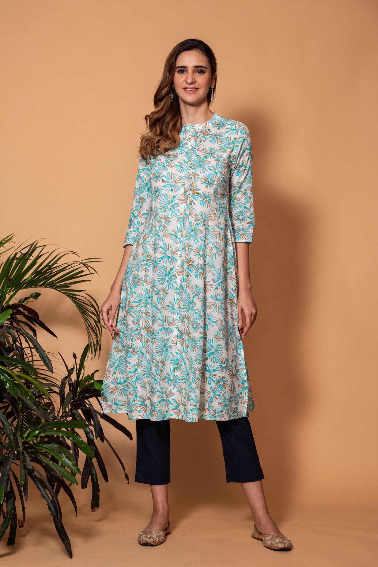 White with Blue Floral Printed Cotton Kurti
