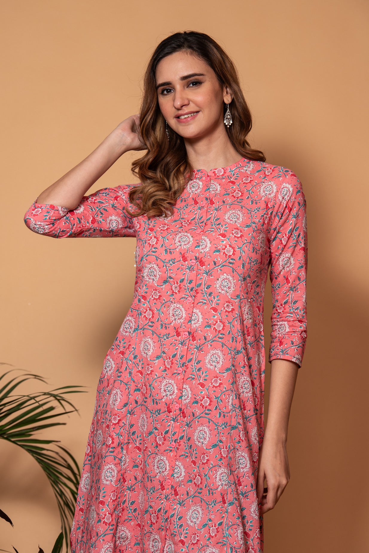 Pink with White Floral Printed Cotton Kurti