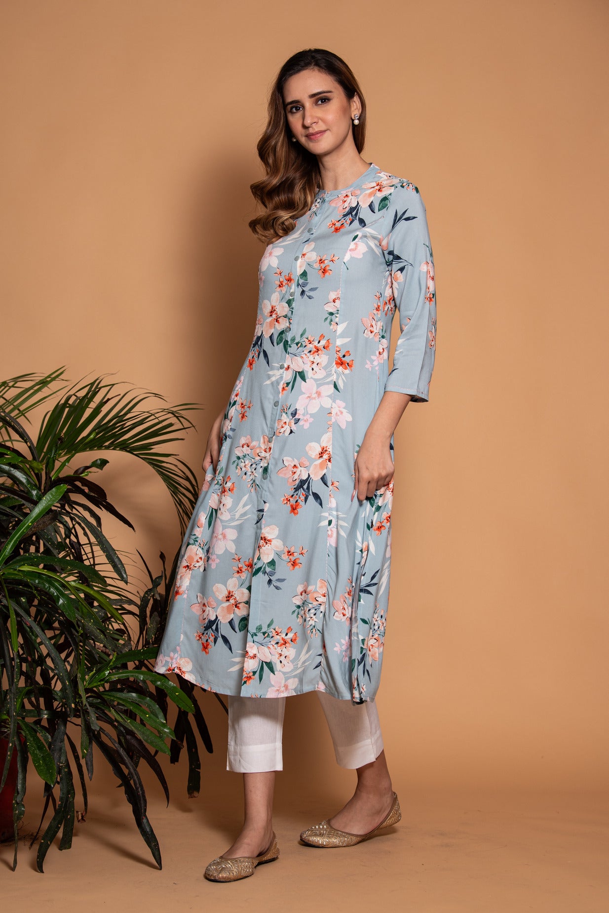 Pastel Blue With Pink Floral Printed Cotton Kurti