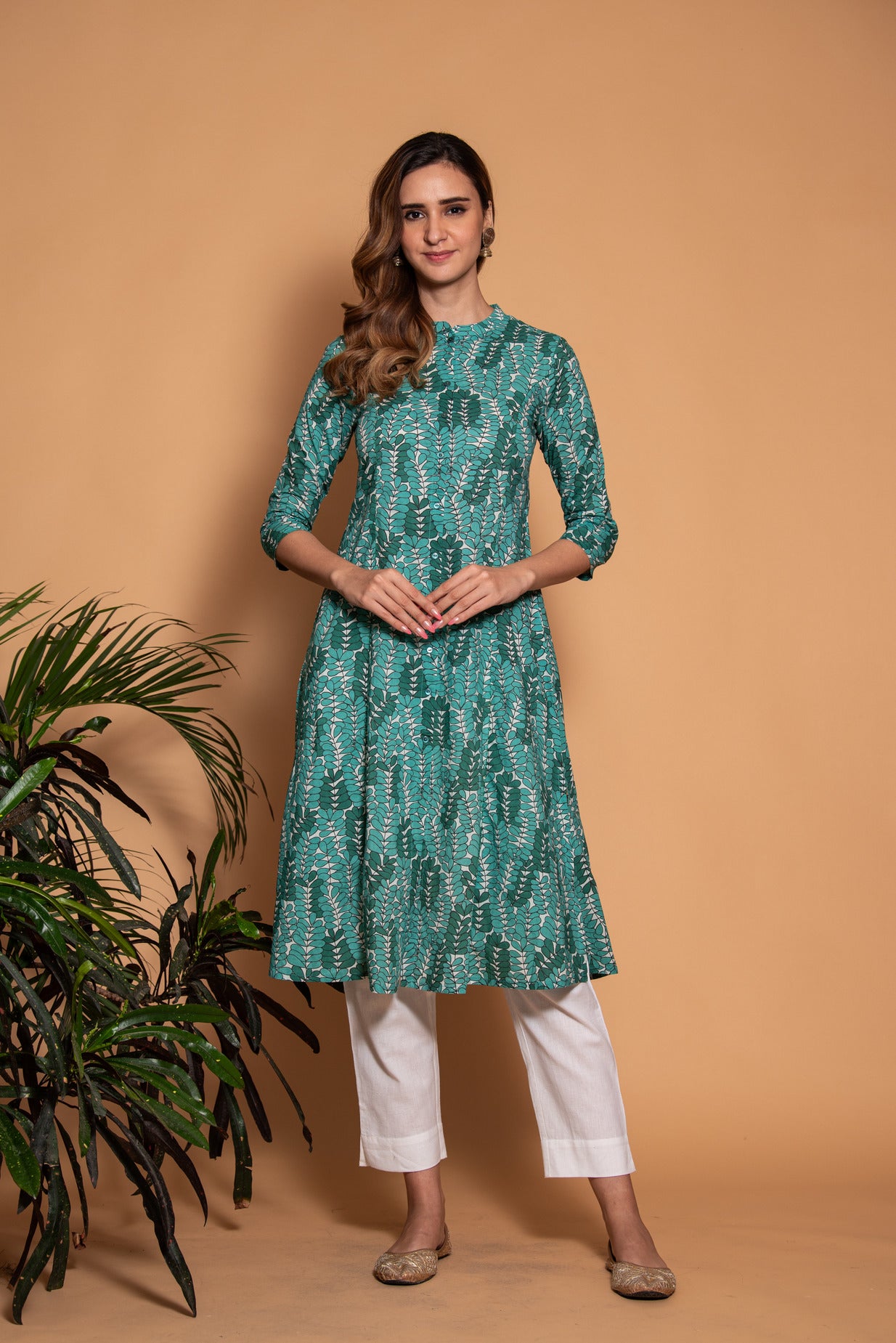 Green with White Printed Cotton Kurti