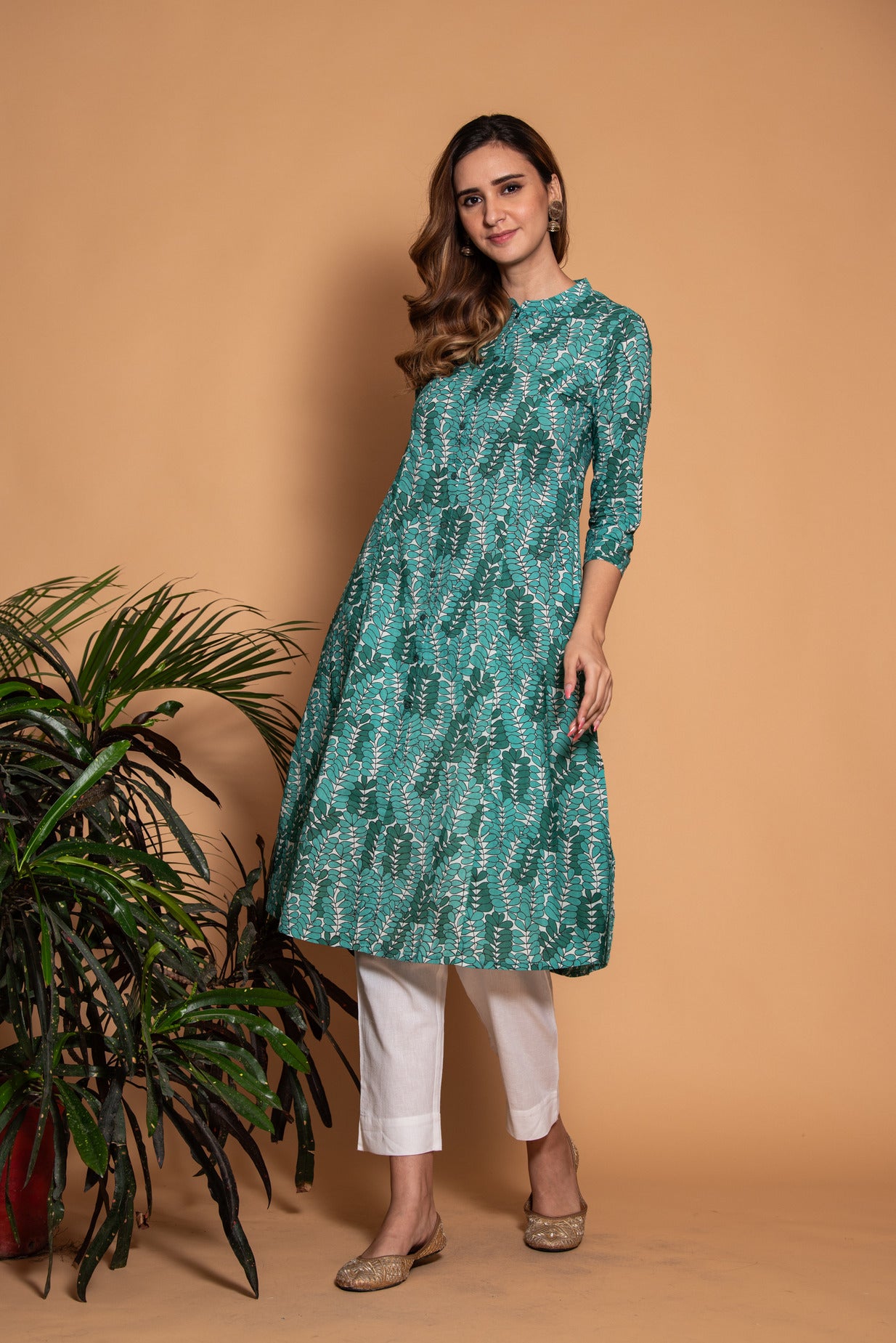 Green with White Printed Cotton Kurti