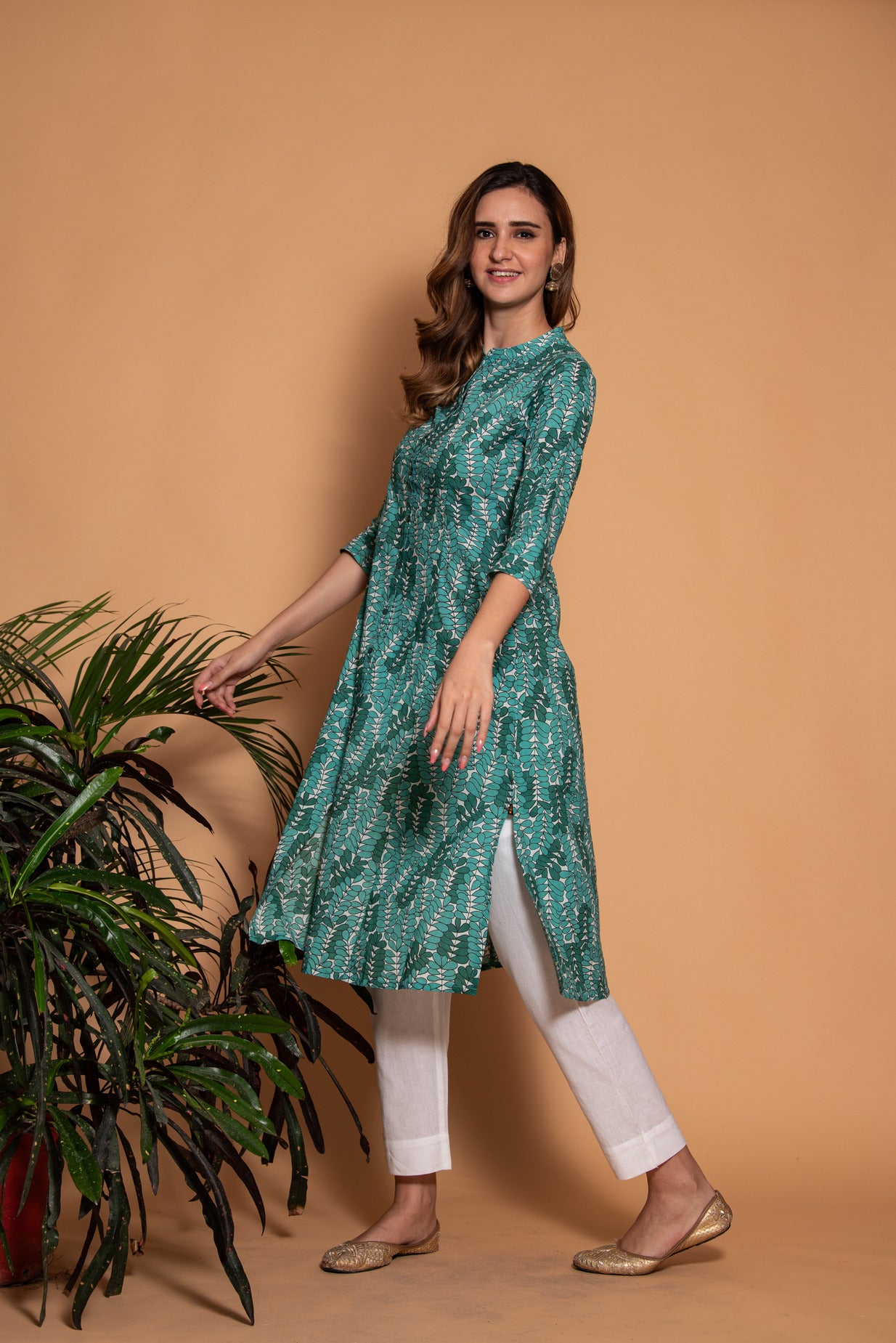 Green with White Printed Cotton Kurti