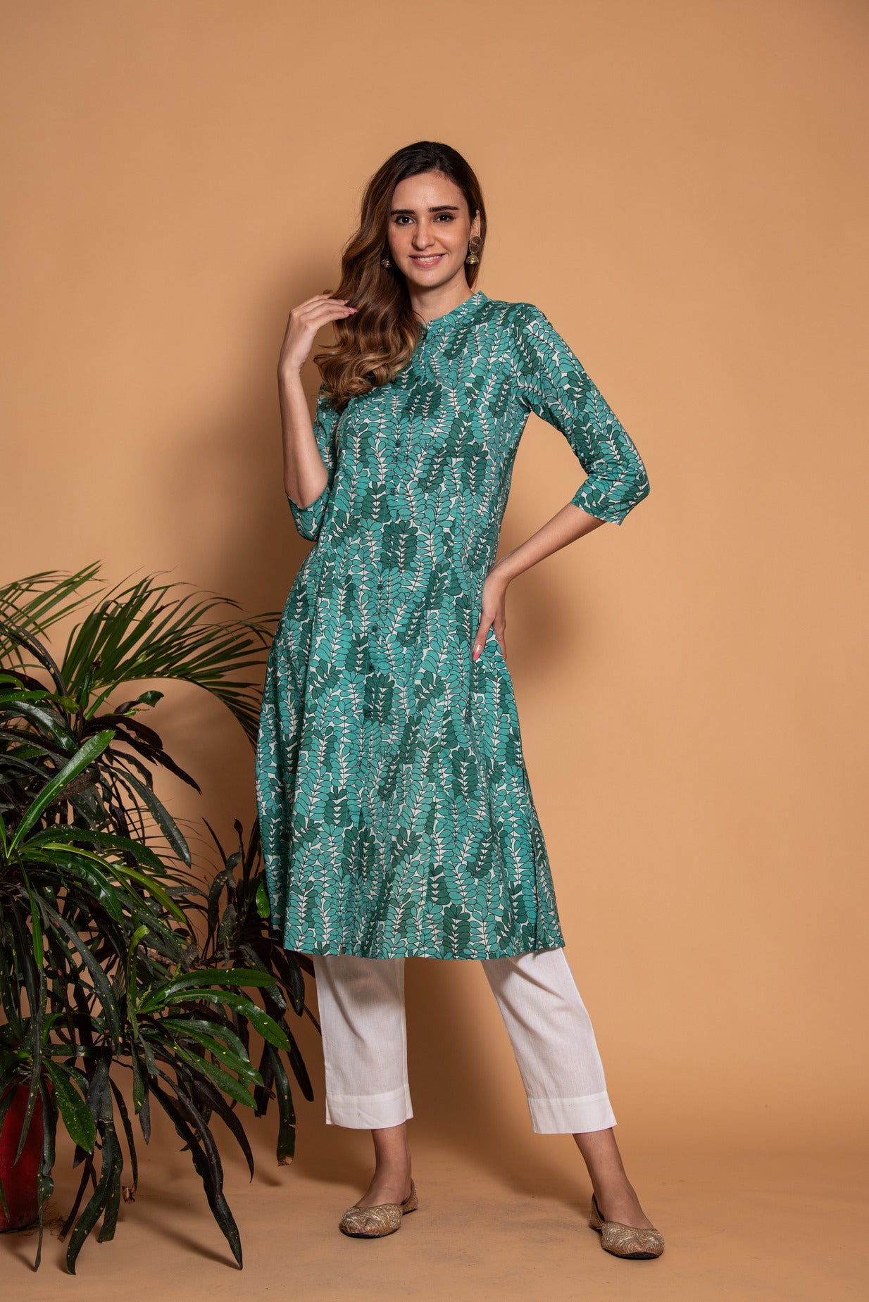 Green with White Printed Cotton Kurti