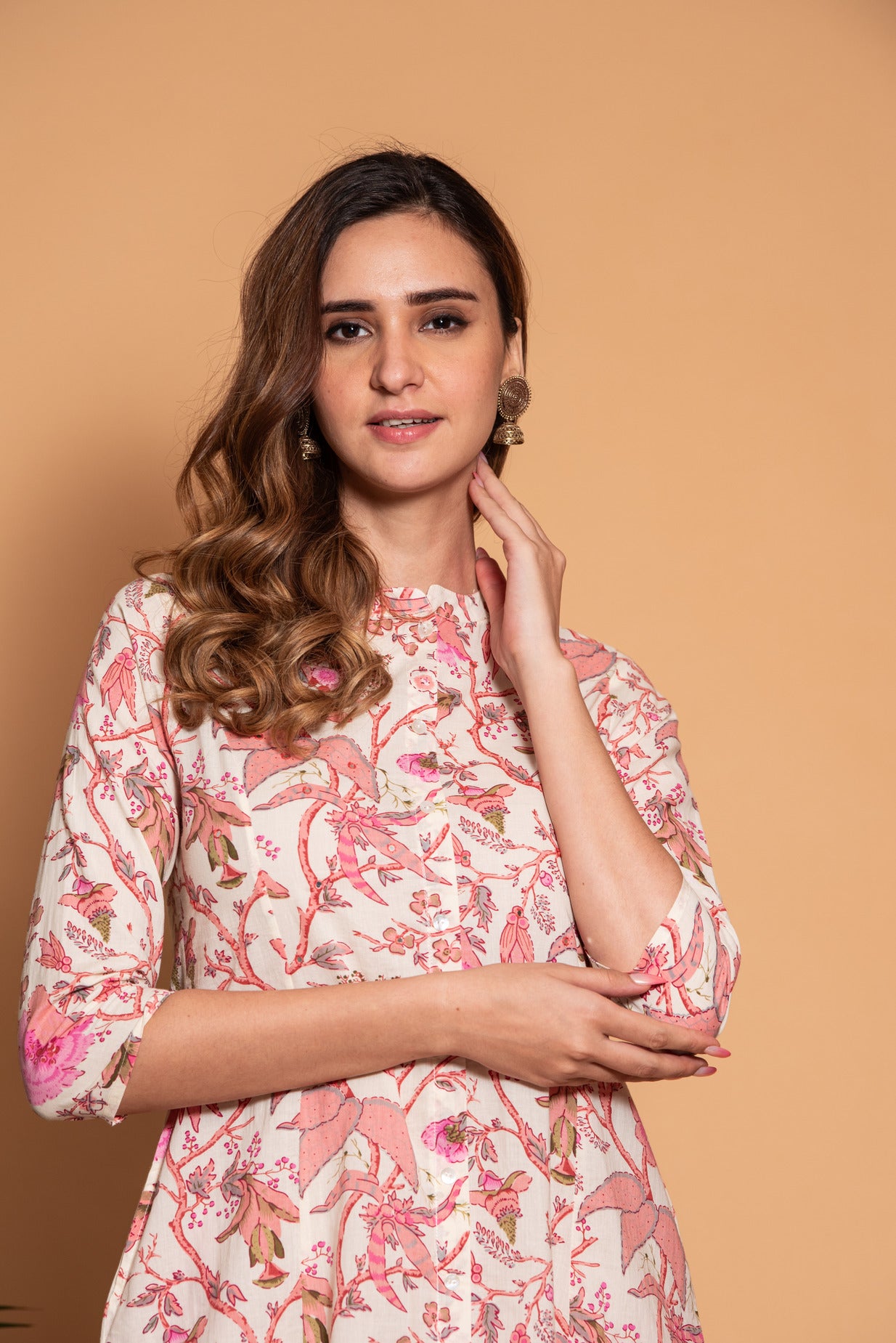 White with Pink Floral printed Cotton Kurti
