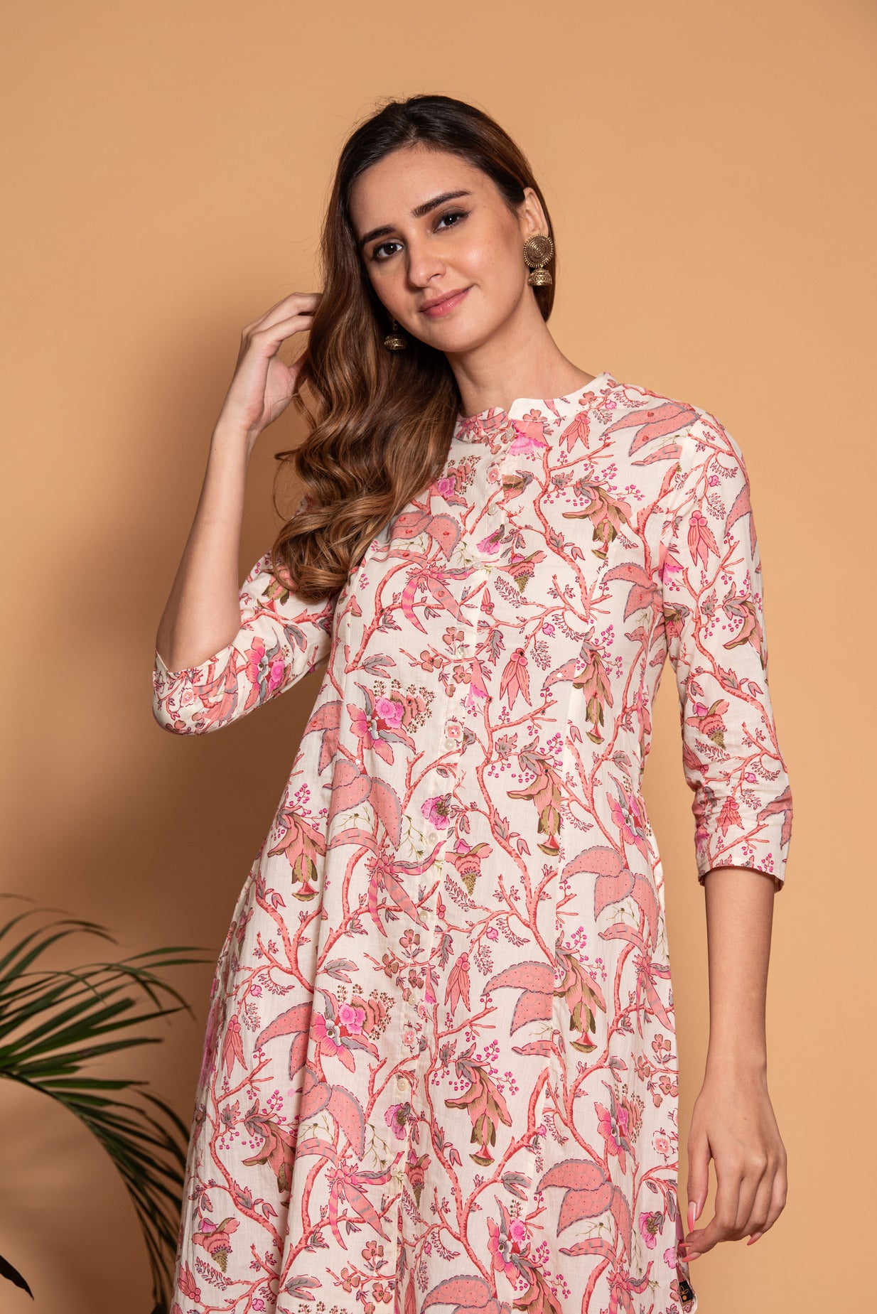 White with Pink Floral printed Cotton Kurti