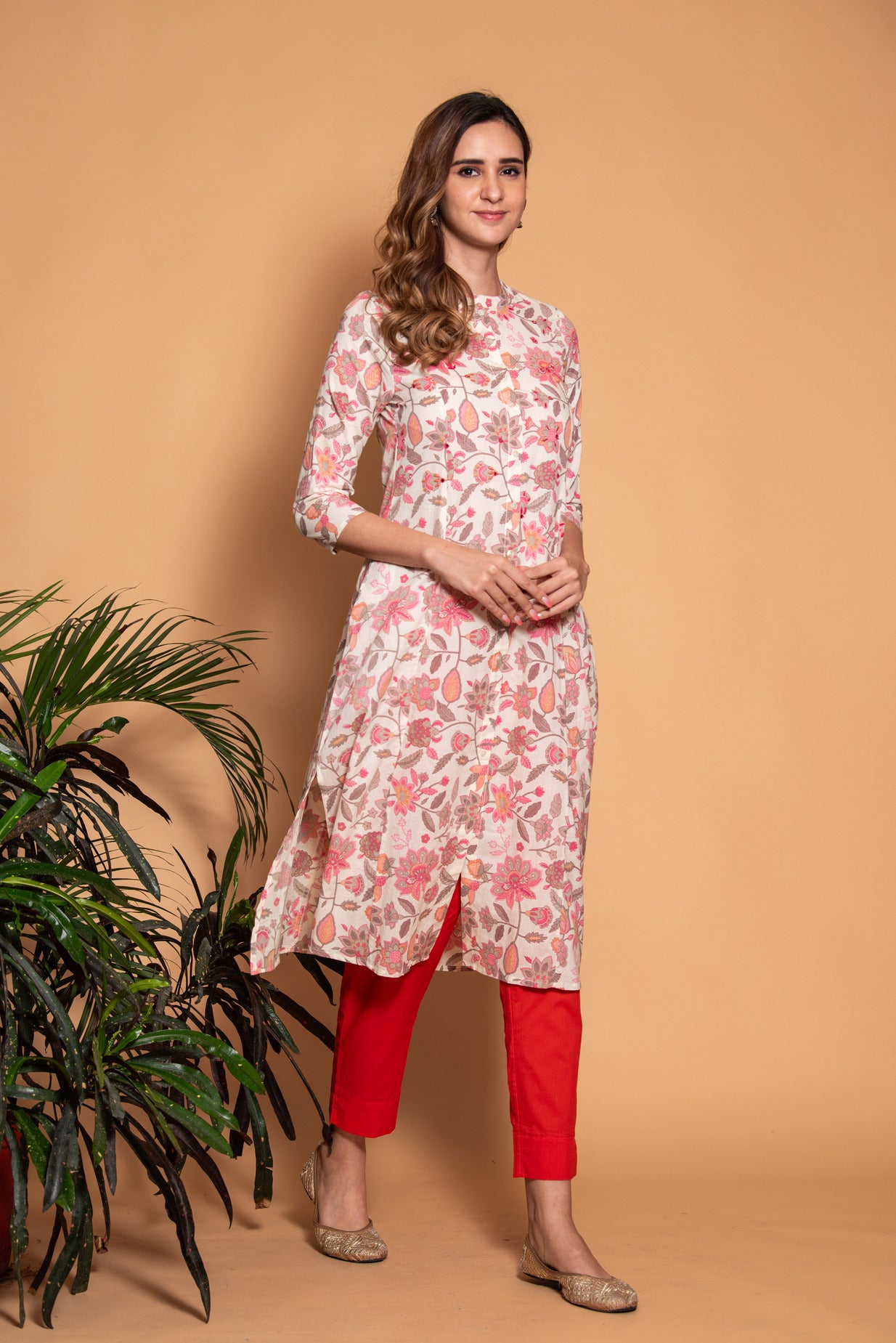 Cream with Pink Floral Printed Cotton Kurti