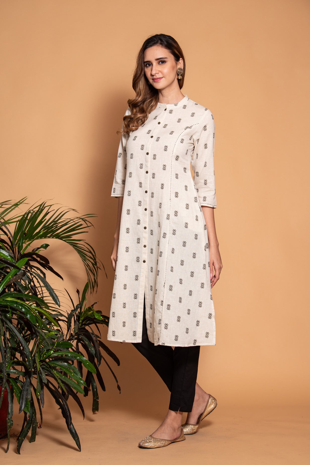 Off White With Black Embroidery Cotton Kurti