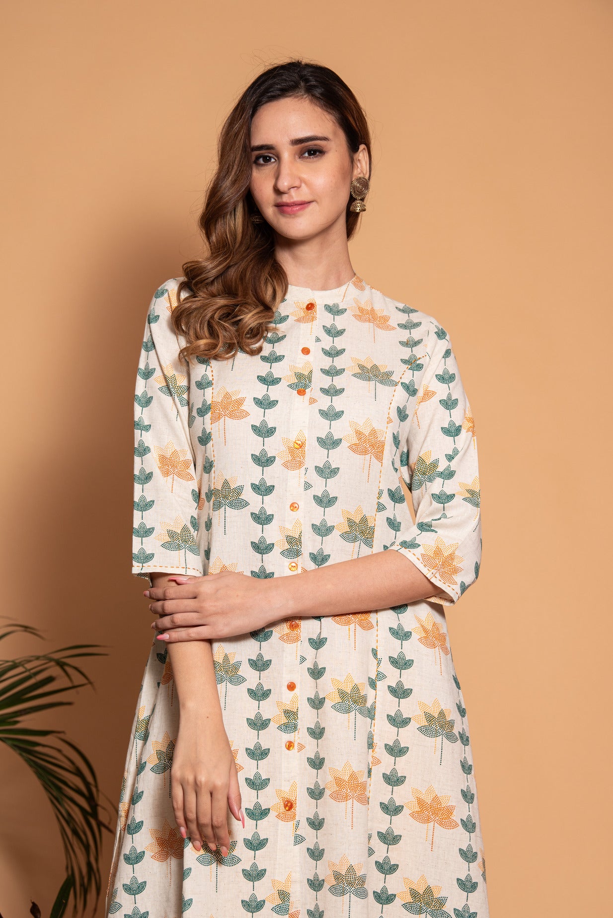 White With Green Floral Printed Cotton Kurti